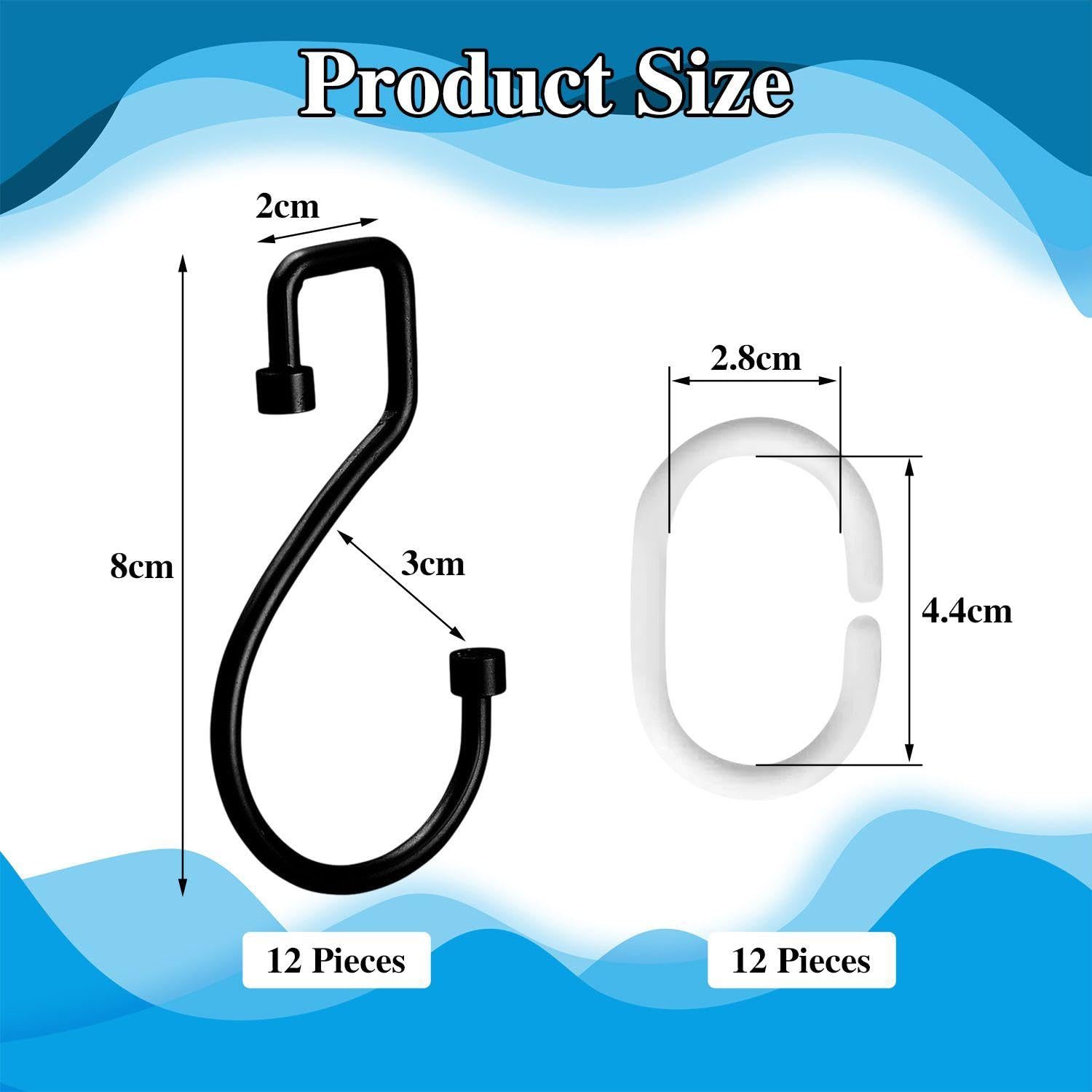 EOWVISN 12 Pieces S-Shaped Shower Curtain Hooks, 12 Pieces C-Shaped Opening Curtain Rings, Sliding Shower Hooks - Image 2