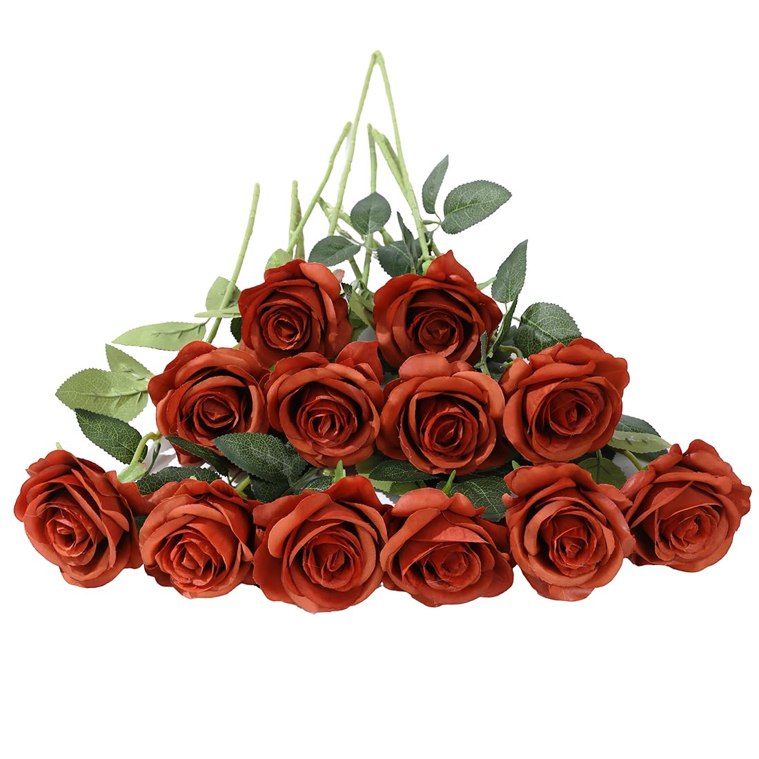 Laelfe 12 PCS Artificial Flowers Roses Silk Flowers Fake Long Stem Artificial Roses for Home Wedding Bathroom Kitchen Decorations(Brown Orange)