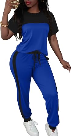LovelyWholesale Women Jogging Suits 2 Piece Set Short Sleeve Color Block Tops and Jogger Pants
