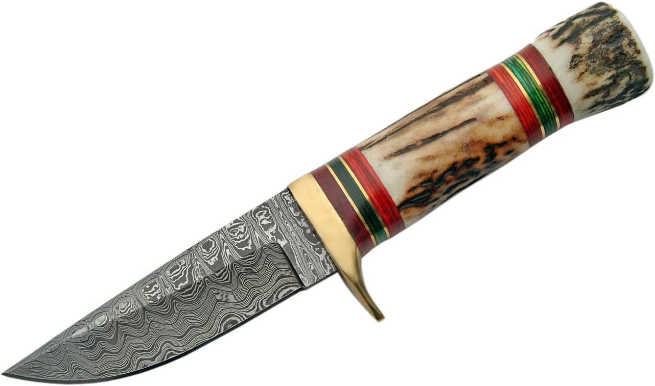 SANZ Damascus Hunting Knife 7 Inch - Camping Knife with Stag Handle, Damascus Steel Blade & Sheath - Pocket Knife for Hunting, Outdoor uses & Camping
