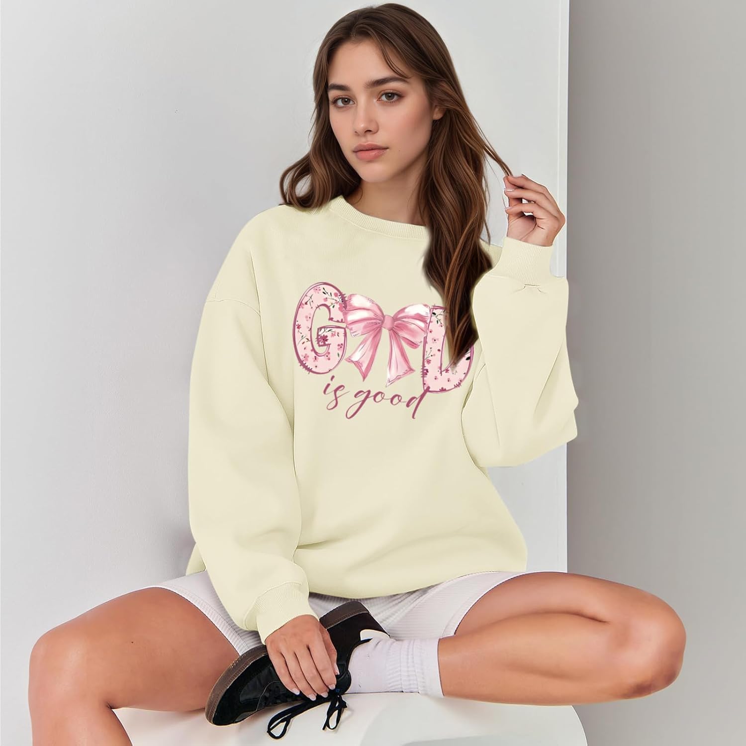 KEEVICI God Is Good Christian Sweatshirts for Women Bow Jesus Cute Bible Verse Sweatshirt Faith Religious Graphic Hoodies - Image 3