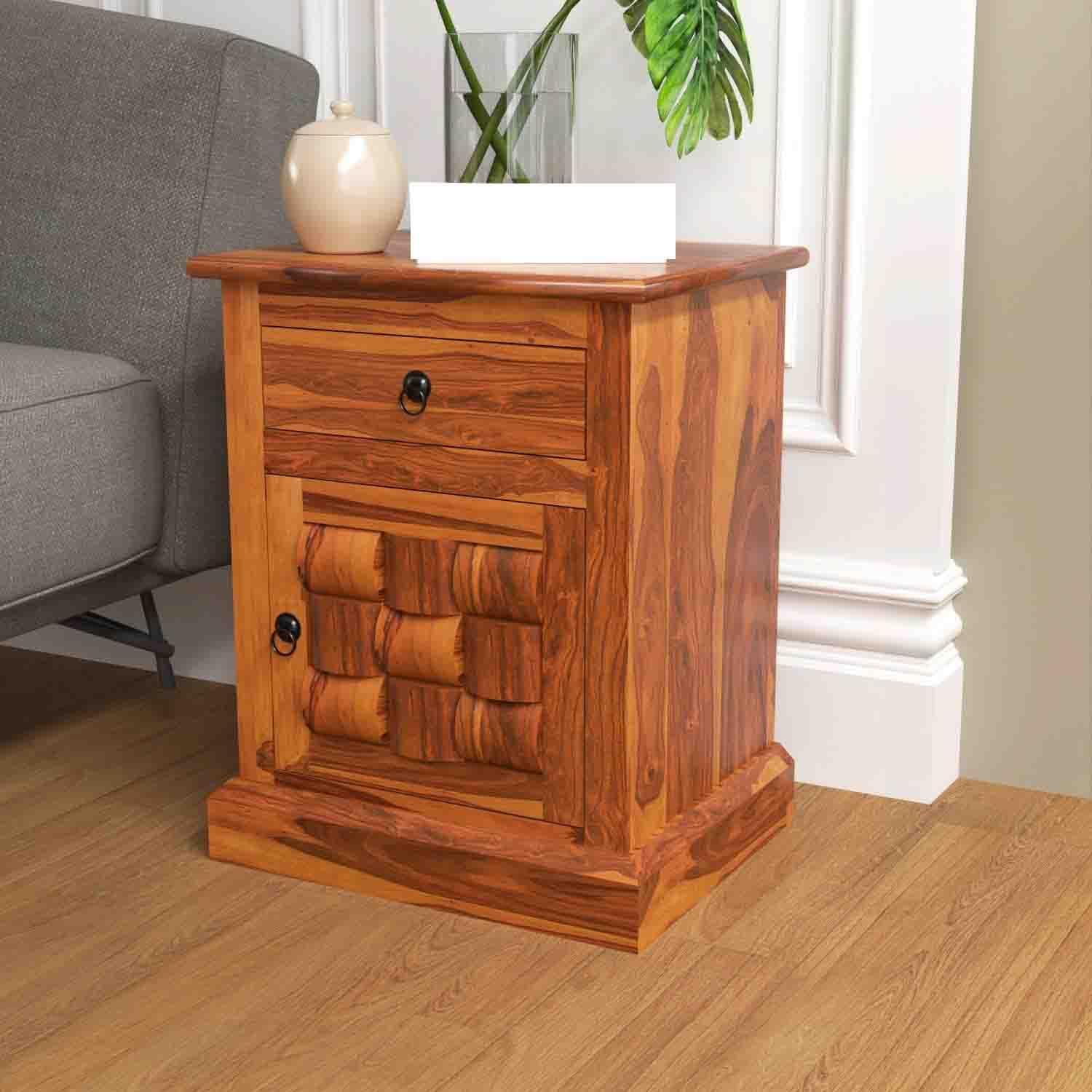 Solid Sheesham Wood Wooden Box Design Bedside Table for Bedroom | Handmade Pure Wooden Bed Side Nightstand End Table with 1 Drawers & 1 Door Storage for Home & Bed Room | Rosewood, Teak-image-48