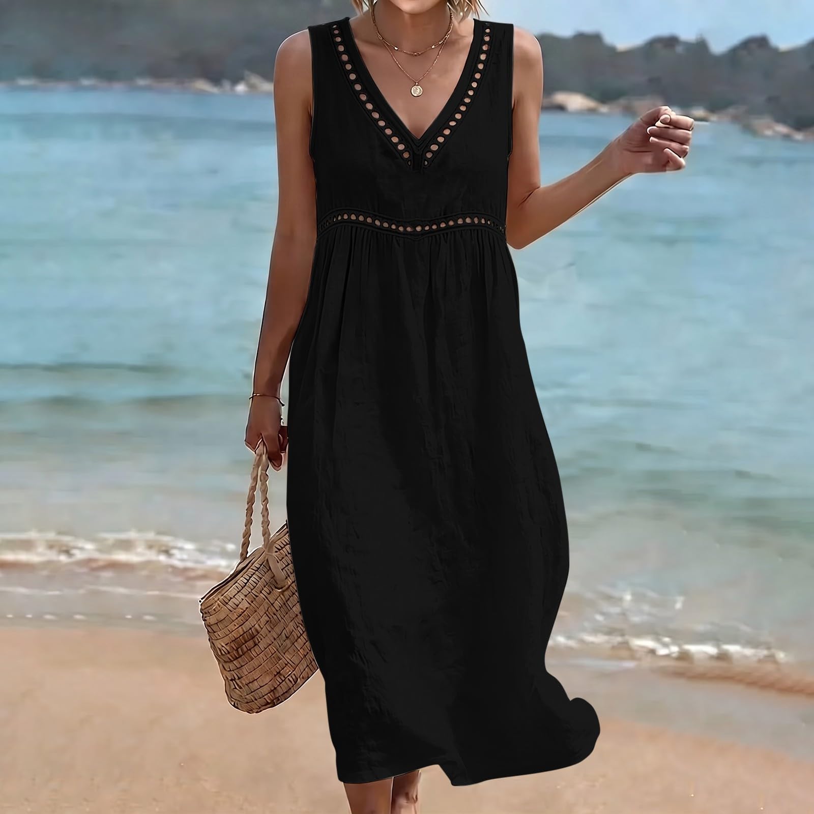Generico Vestidos Largos Mujer Elegante Curvy Vestidos Sin Mangas Elegante | Vestido de playa casual suave de color liso vestido de cuello en V Boho Chic Ligero Ropa Transpirable Suelto Vacaciones Playa