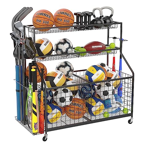 Gadroad Sports Equipment Organizer, Ball Rack, Gear & Ball Storage – Garage Organizer with Baskets, Hooks & Rolling Cart – Black