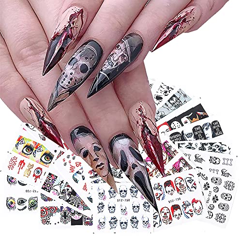 Halloween Nail Art Stickers 25 Sheets Fall Water Transfer Nail Decals Skull Eye Clown Bone Rose Designs Nails Supply Sticker for Women Manicure Tips Decorations Holiday Party Makeup Cosplay Accessory