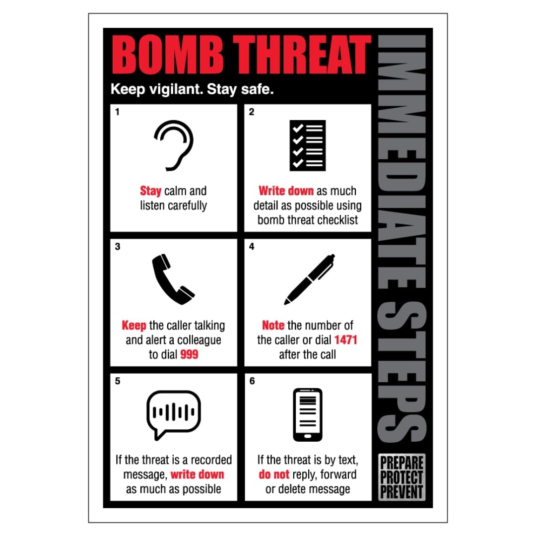 BLEEDSAVE Bomb Threat - Action Card 148 x 210 mm (A5) - 1mm Rigid Plastic Safety Sign