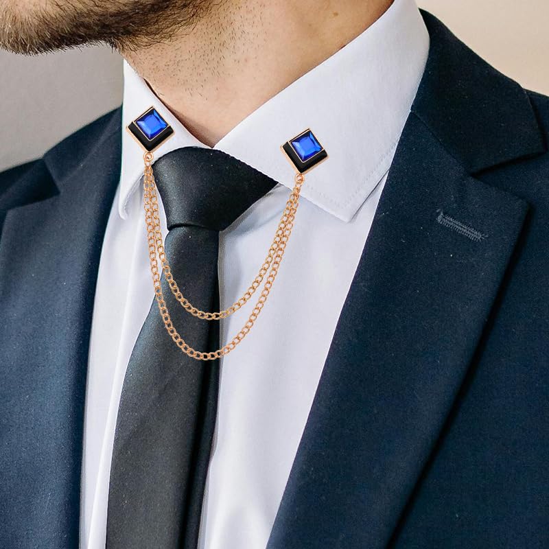 Image of Gem Brooch Pins Hanging Chain Lapel Pin for Men Suits Shirt Collar Brooch Square Crystal Brooch Pin Rhinestone Lapel Pins for Men Tassel Chain Brooch Collar Pins Business Suit Shirt Accessories