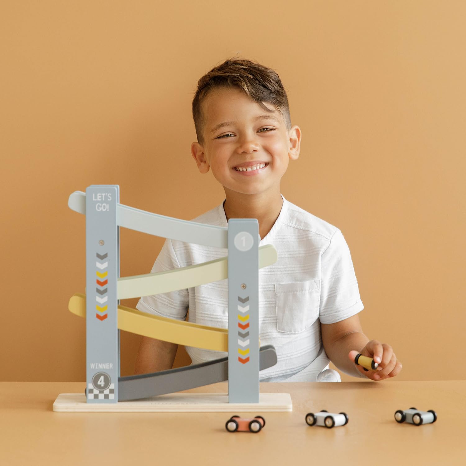 Little Dutch Auto-Rennbahn Kugelbahn aus Holz mit 3 Autos für Kinder - blau