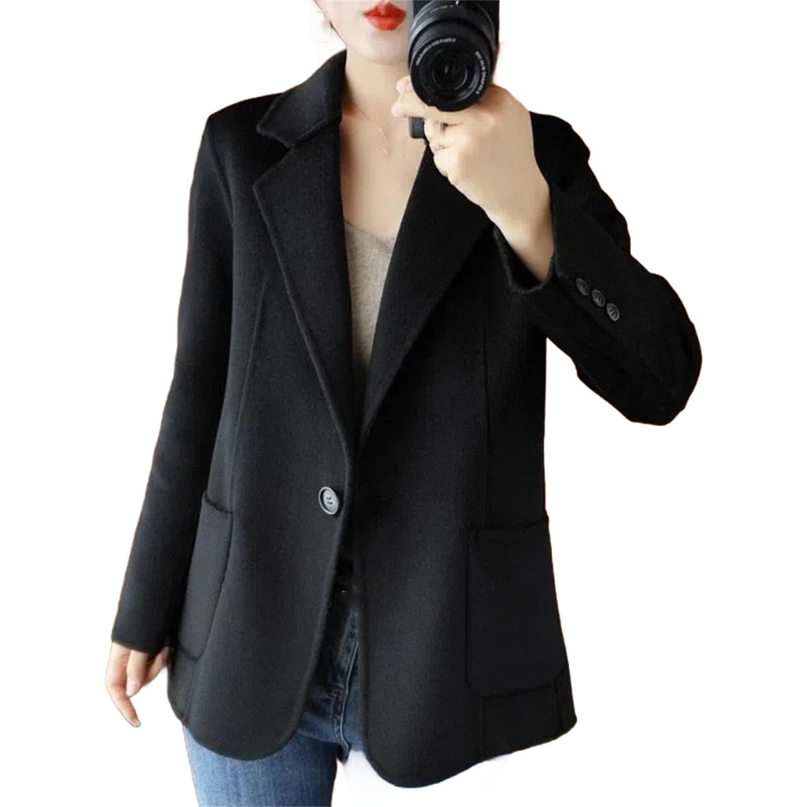 Womens Short Temperament Blazers Jacket Slim Pocket Wool Coat Single Button Casual Blazerss Outwear Tops