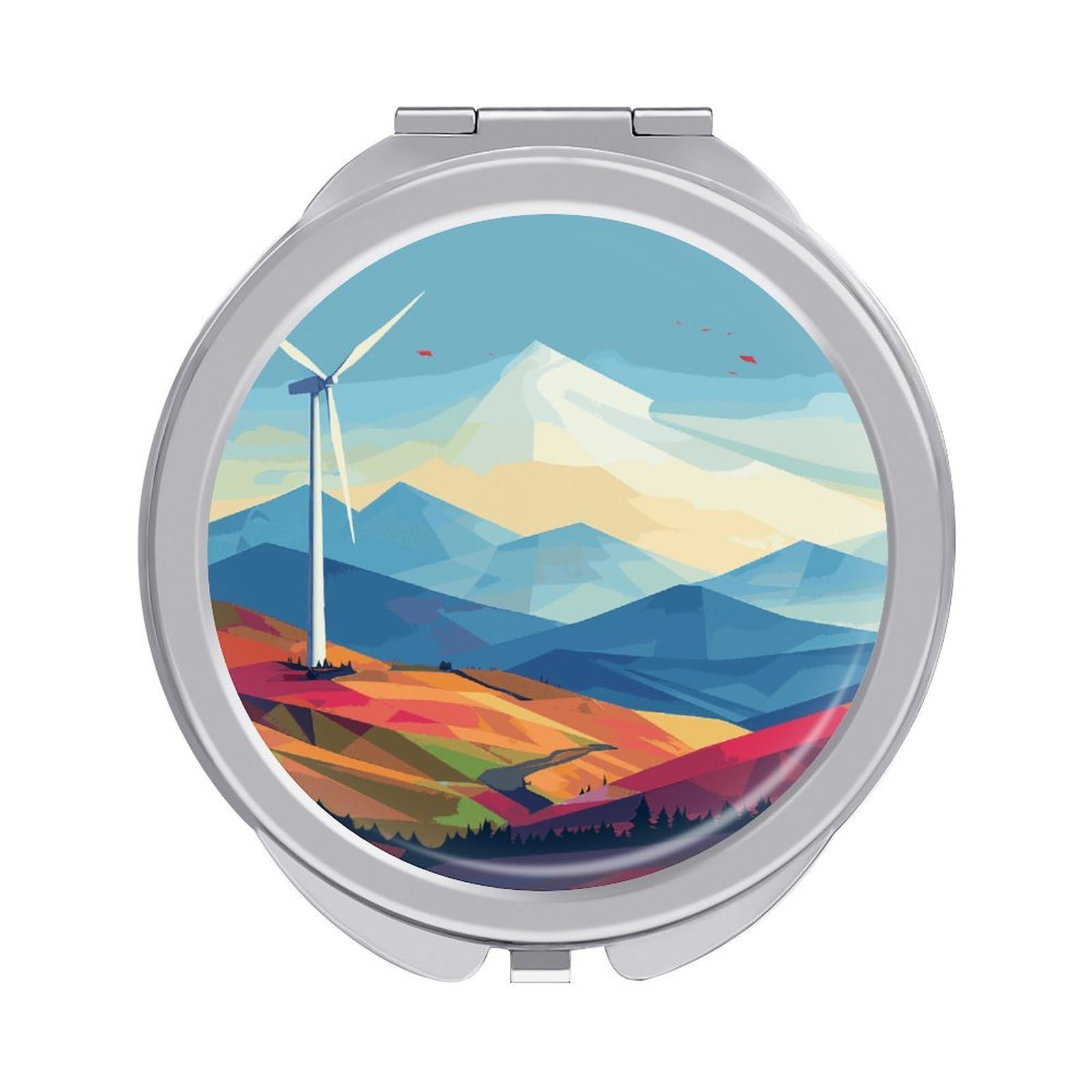 FekiLoot Windmill Flat Illustration Travel Makeup Mirror for Women Folding Portable Hand Compact Mirrors Small Round Vanity Mirror 1X/2X Magnifying Metal Pocket Makeup Mirrors