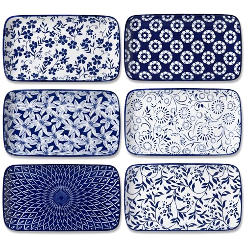 vancasso SELENE Juego de 6 Platos Pequeños para Servir - 22 x 13 cm Platos Rectangulares Para Postres, Sushi, Aperitivos - Apto para Microondas - Estilo B Azul y Blanco Chino