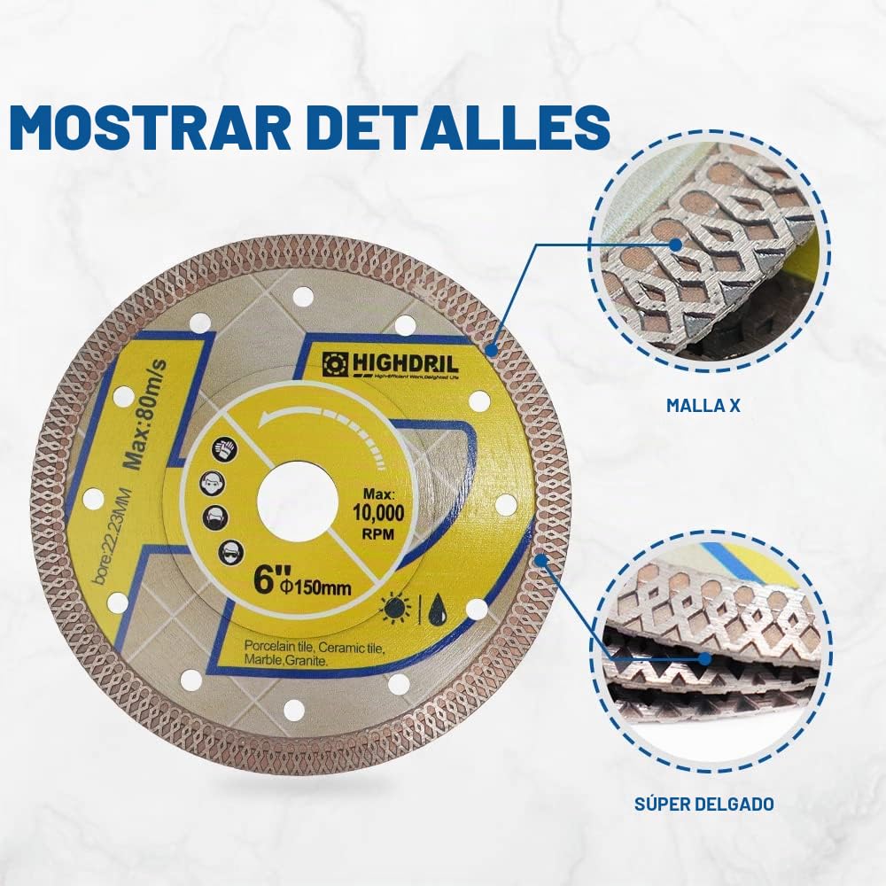 Hoja de diamante super fina, HIGHDRIL 150 mm y HIGHDRIL Disco Diamante Porcelanico 125mm x M14
