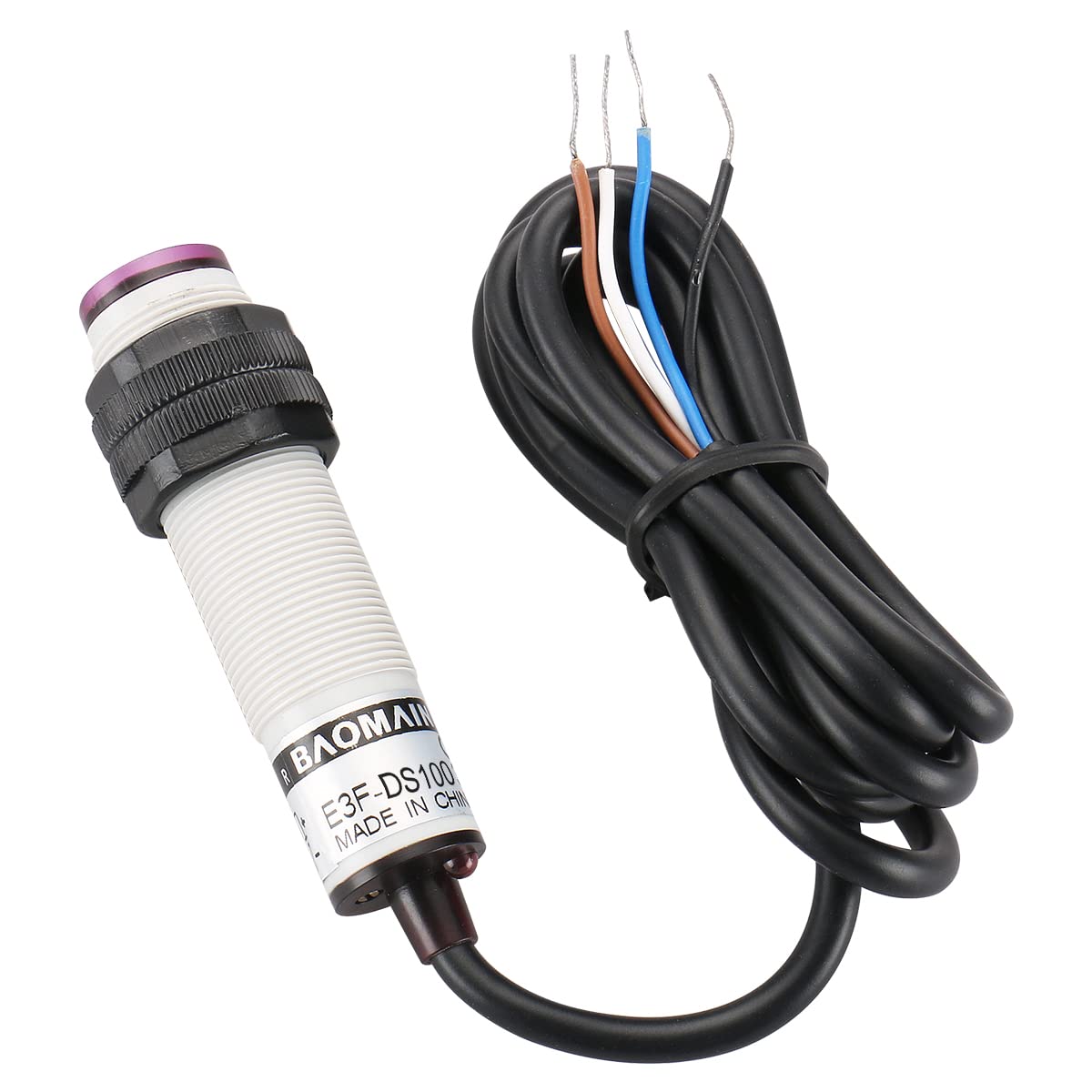 Baomain M18 Photoelectric Sensor Adjustable Diffuse Reflection Sensor Switch E3F-DS100P3 PNP NO+NC DC 10-30V 200mA Sensing Distance 10-100cm 4 Wires