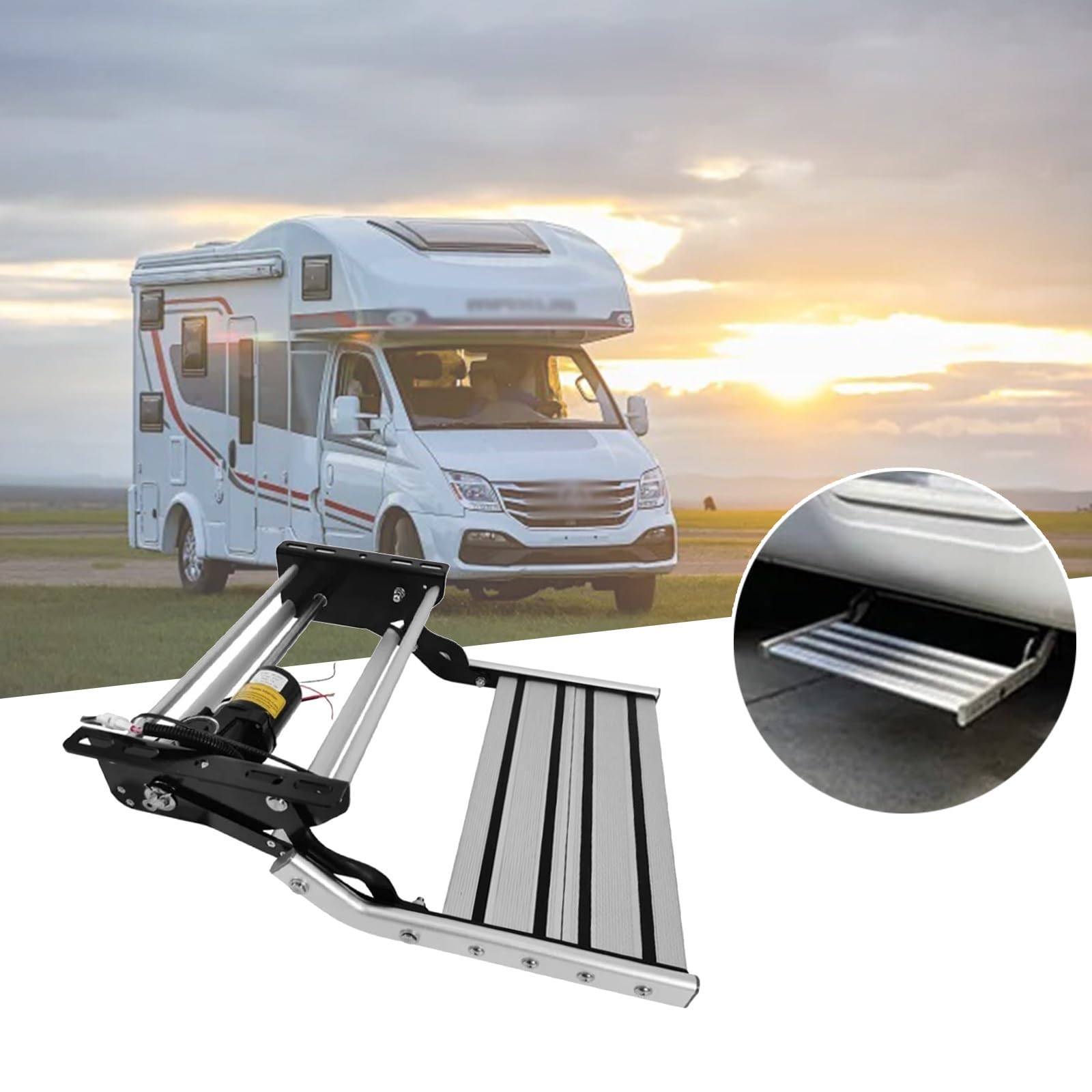 Gradino Camper Elettrico, Gradino Camper a Scomparsa, Portata Fino a 200 kg, Motore con Grado di Impermeabilità IP67, Antiscivolo, 12 V, Pieghevole Regolabile