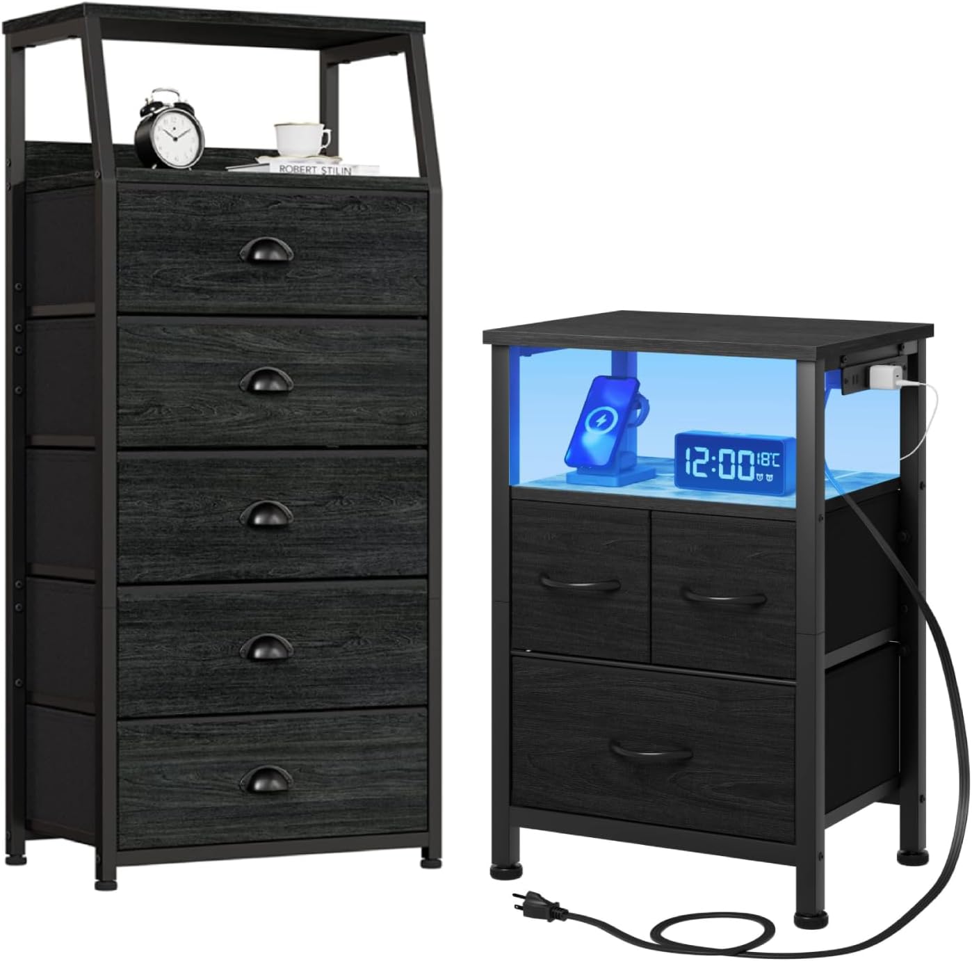 Furnulem Dresser and Nightstand Sets, Black Dresser with 5 Drawers+Black Nightstand with Wood Shelf, Bedside Table with Led Light and Charging Station