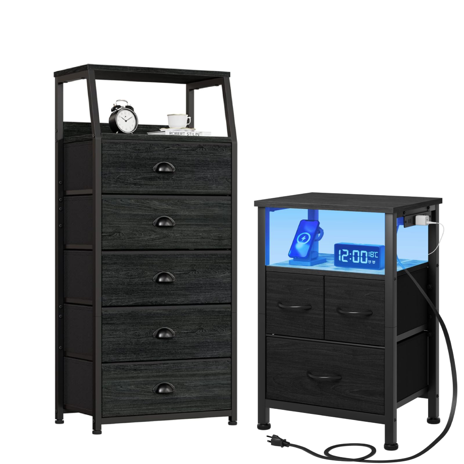 Amazon.com: Furnulem Dresser and Nightstand Sets, Black Dresser with 5  Drawers+Black Nightstand with Wood Shelf, Bedside Table with Led Light and  Charging Station : Home & Kitchen