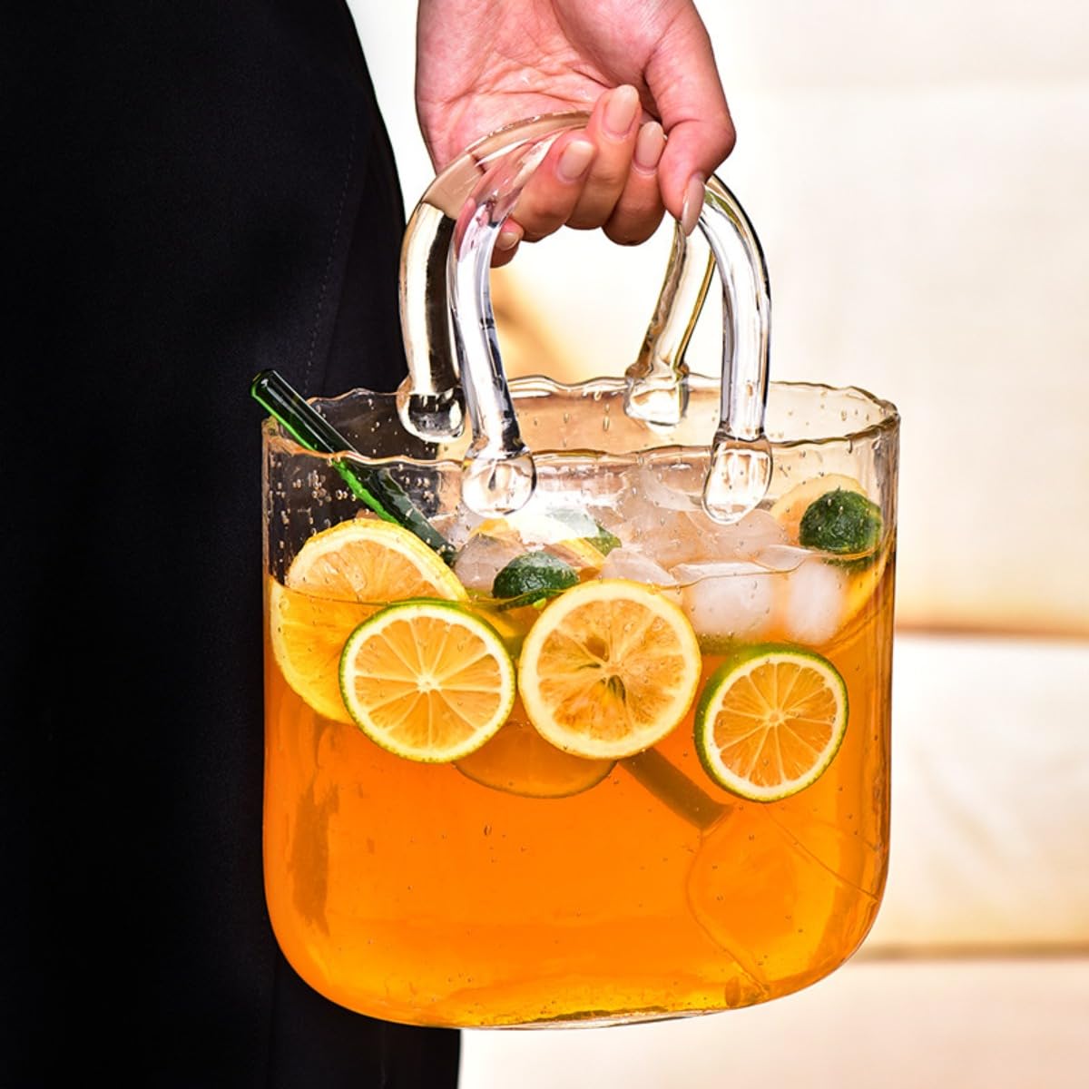 Set di brocche in vetro a forma di borsa con 6 tazze e cucchiaio, caraffa in vetro borosilicato per succhi, cocktail, fiori, decorazioni per feste e bar