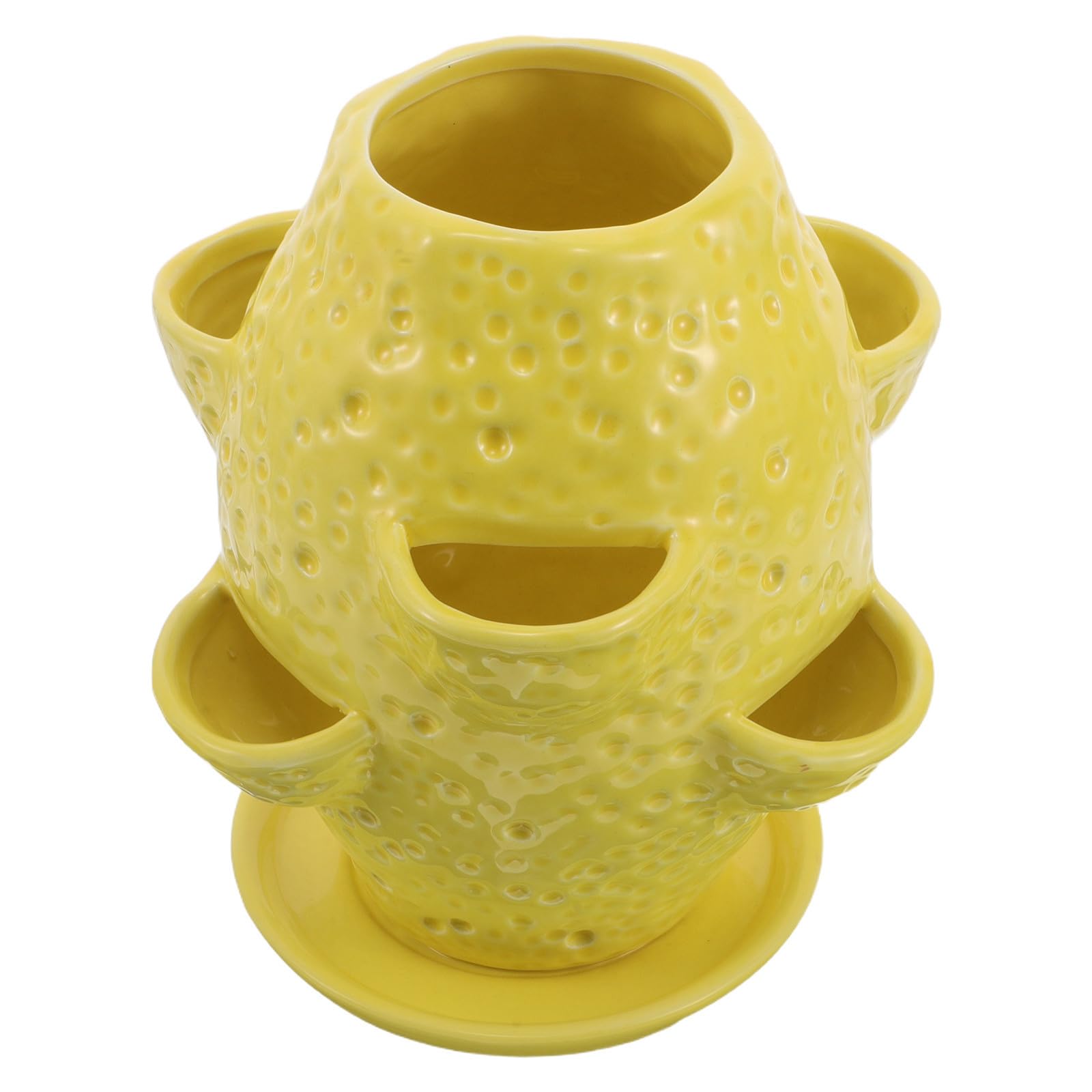UKCOCO Maceta de Cerámica para Plantas, Tiesto para Plantas Redondo Amarillo con Platillo, Diseño Multiorificio, Transpirable y Ligero, para Orquídeas y Suculentas, Uso en Interior