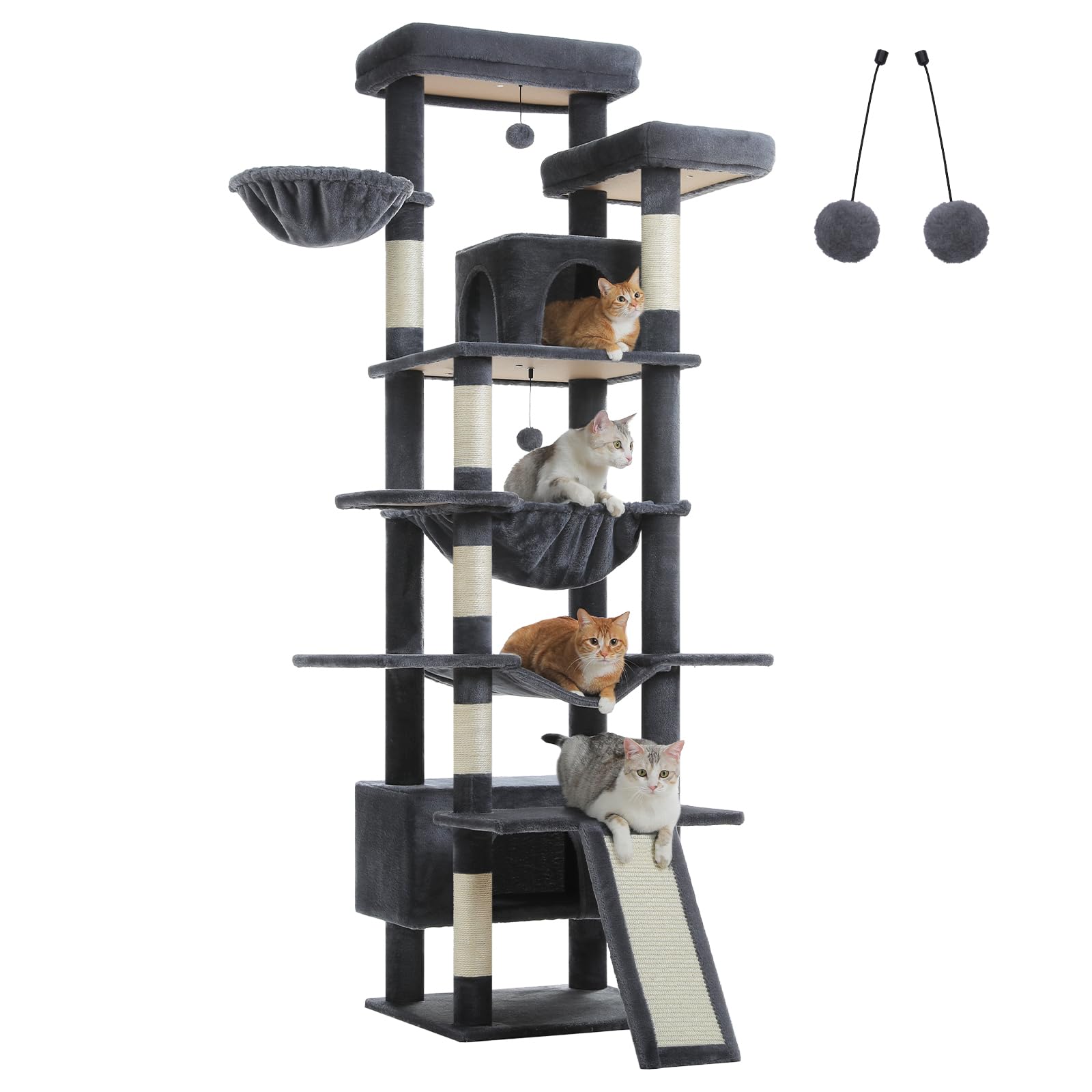 MUTTROS 81" Heavy Duty Cat Tree for Large Cats up to 20lbs - Extra Tall Cat Tower with Metal Frame Hammock, 6 Sisal Scratching Posts, 2 Perches - Indoor Cat Furniture for Maine Coon, Dark Gray