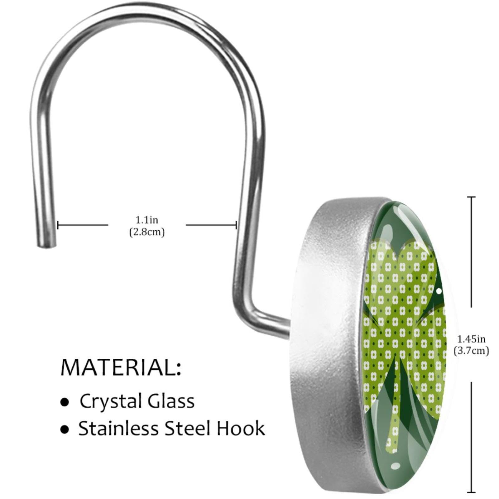 Shamrock Lucky Clovers Shower Curtain Hooks, Decorative Curtain Rings Rust Resistant Glass Shower Hooks for Bathroom Shower Rods,1 Pack Rustproof Stainless Steel Rings for Curtain and Liner
