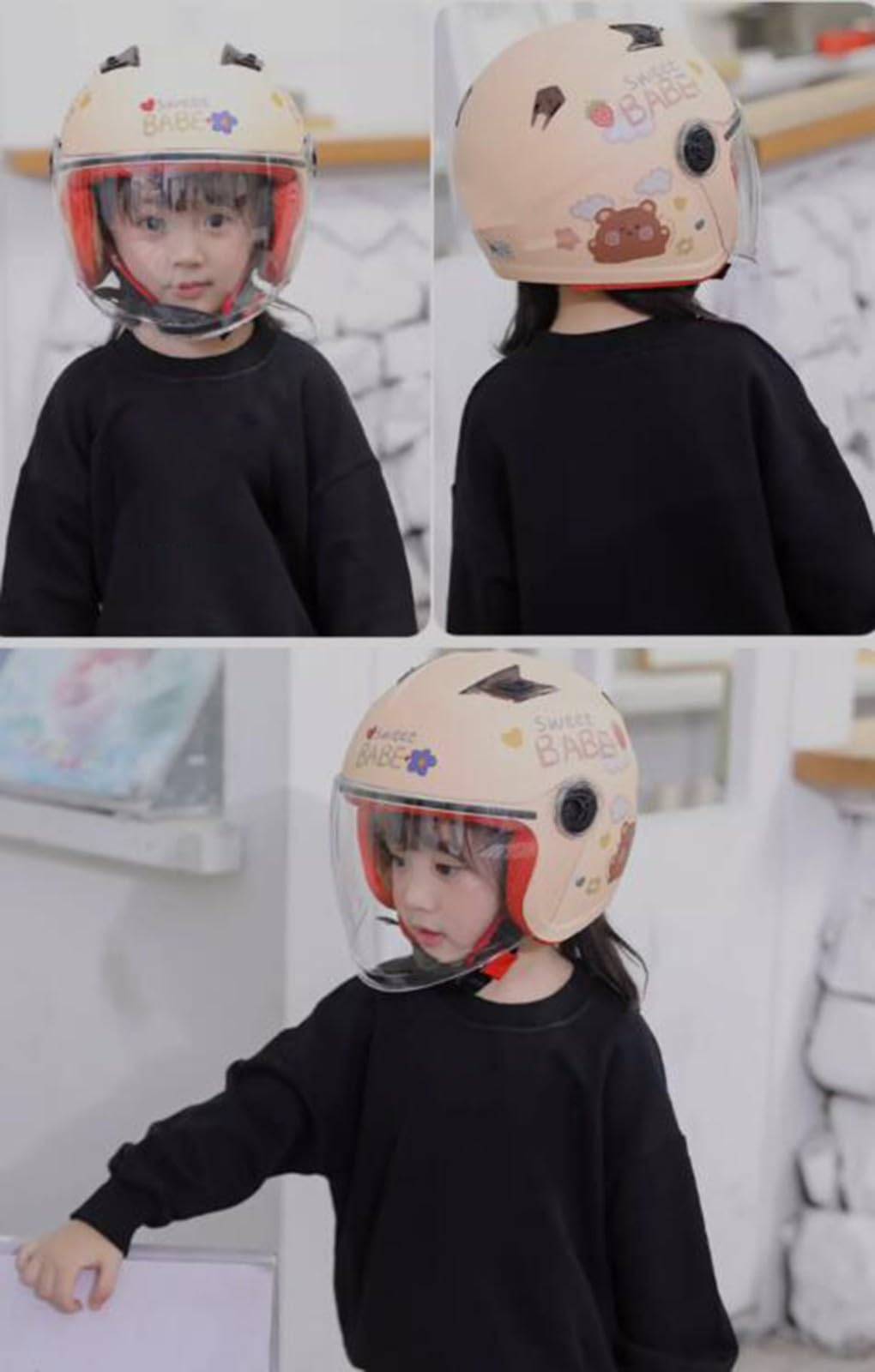 Casco De Moto para Niños Medio Casco Lindo 3/4 Cascos De Dibujos Animados De Cara Abierta Ciclomotor para Niños Y Niñas Casco para Todas Las Estaciones con Visera Solar A,50-54CM
