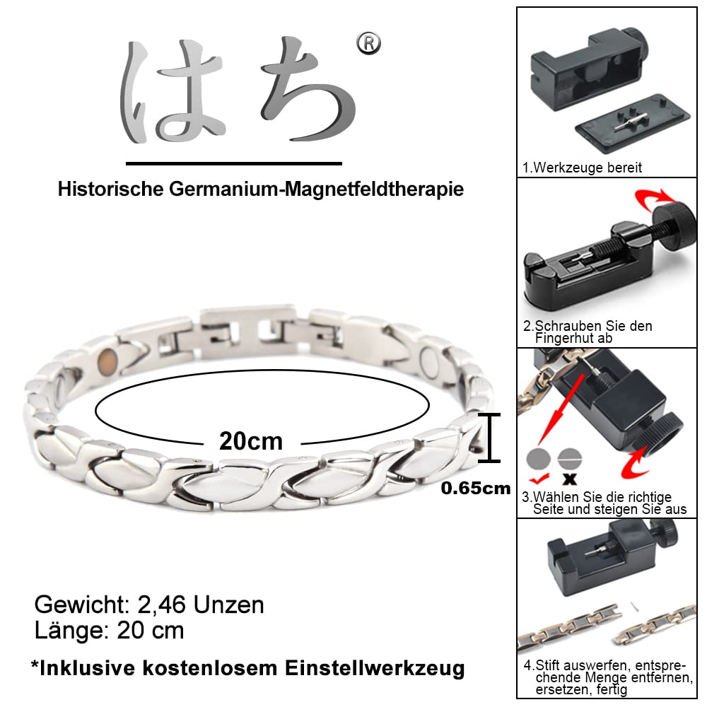 HAQI Bracelet magnétique en titane pour homme et femme - Interconnexion en forme de X - 5 éléments - Bracelet magnétique puissant en germanium avec outil de retrait et boîte cadeau (19,8 cm, argenté),