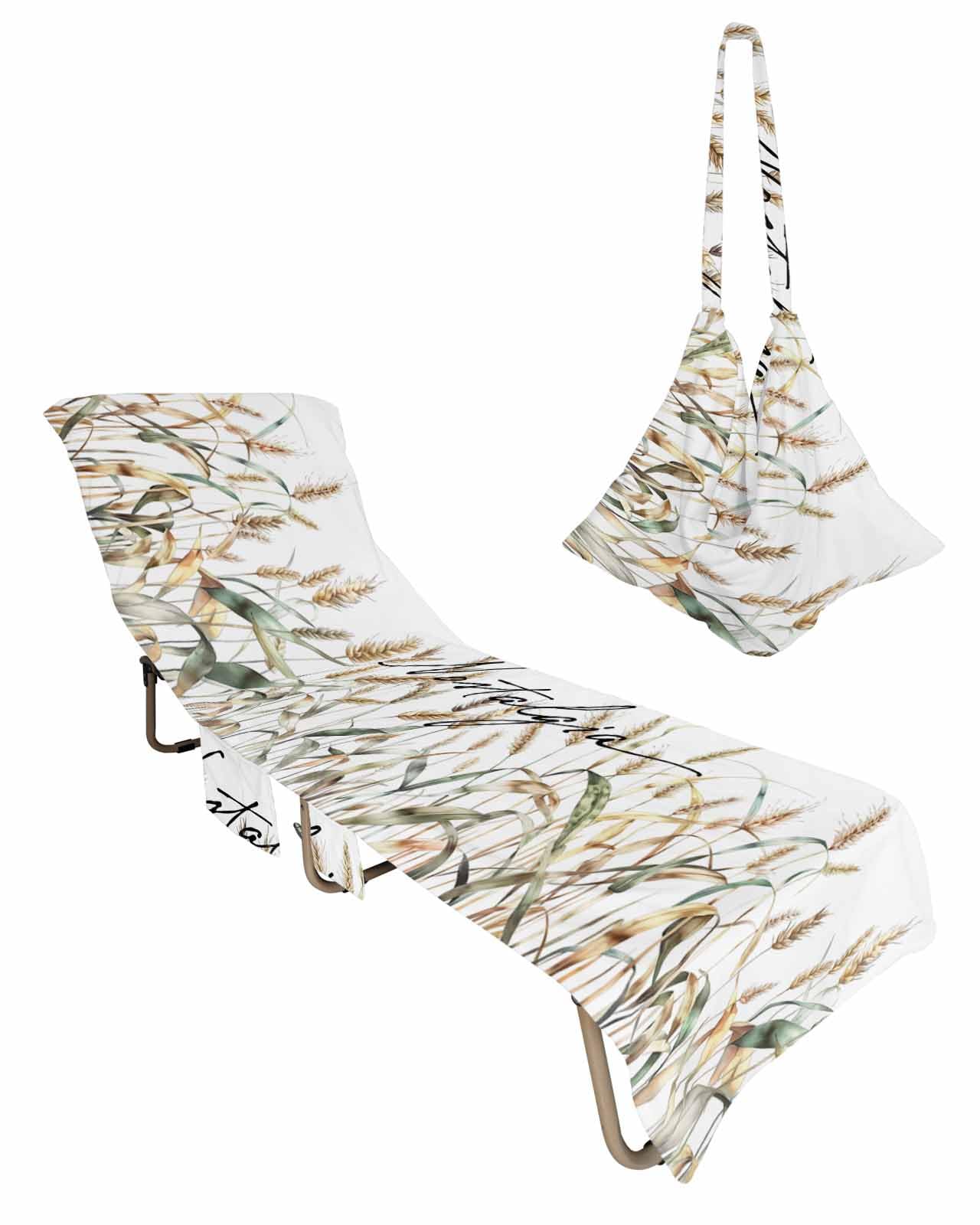 Beach Pool Patio Lounge Chaise Chair Cover Towel with Pockets, Wheat Absorbent & Quick Dry Microfiber Towel Cover Bag Summer Travel Accessories for Sunbathing Summer Fall Botanical Plant Farm Crops