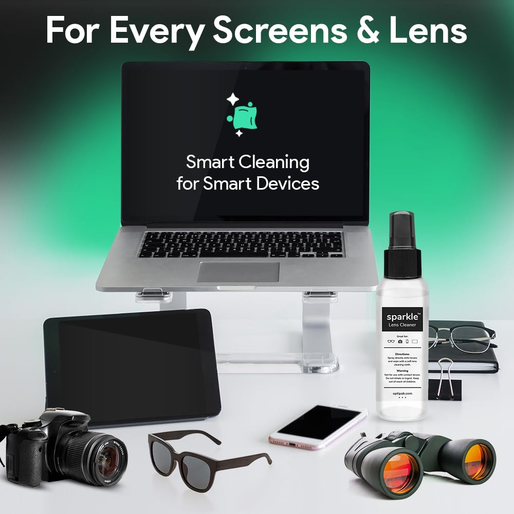 Sparkle - Kit de spray limpiador de lentes antirreflectante | (2 botellas limpiadoras de gafas de 1 onza + (2 unidades) paño de microfibra para gafas, gafas de sol, lentes, pantallas y kit de