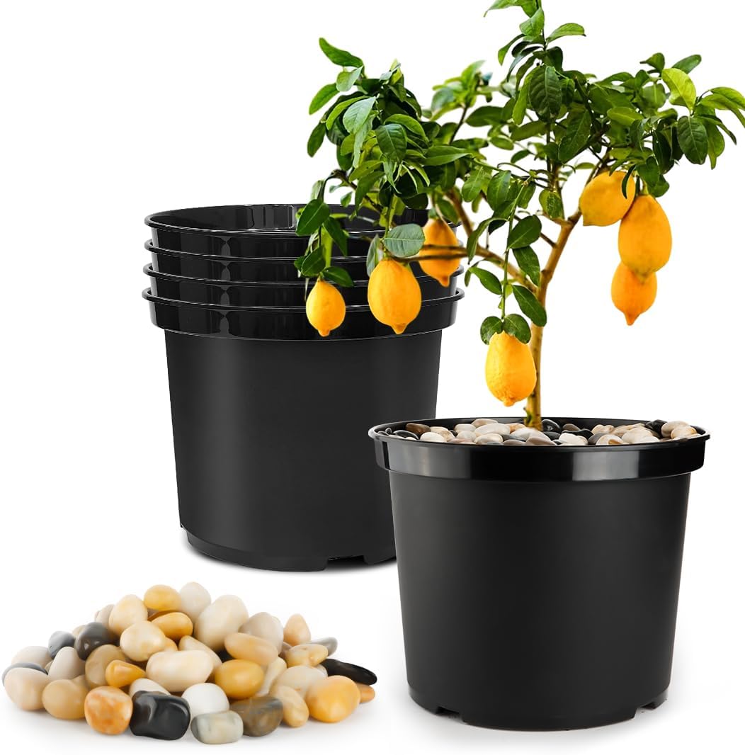 5 Gallon Pots with 10lbs Rocks, 12 Inch Plastic Nursery Pots with Drainage Holes, Round Sturdy Garden Pots with Stones, Deep Nursery Pots for Plants, Gardening Gifts for Women (5-Pack, Black) 5Gallon-5P + Pebbles