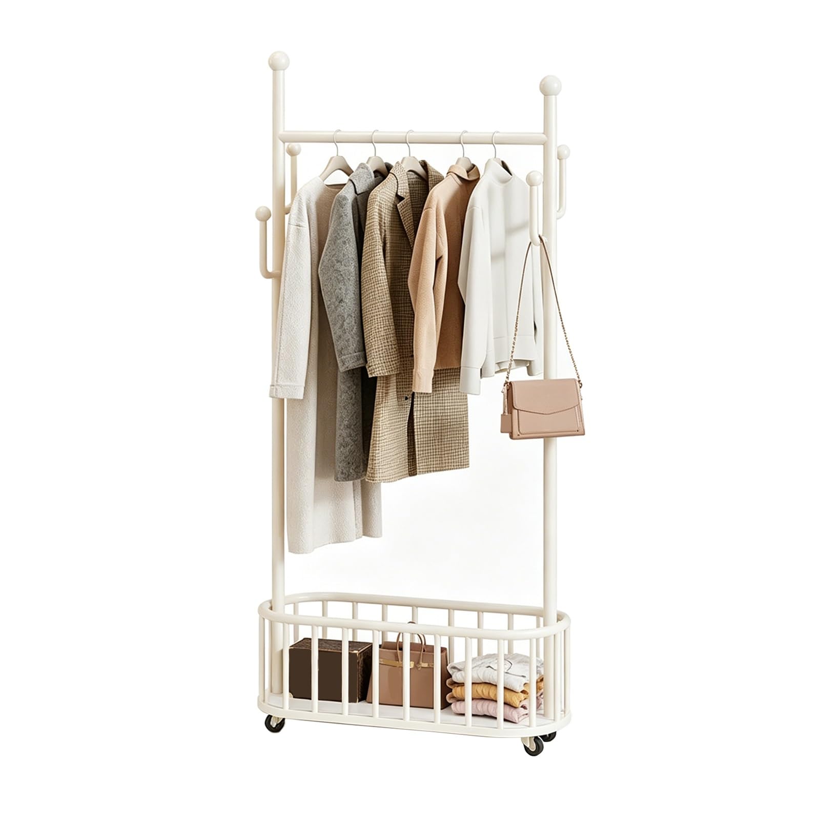 lyxamjrzyp Rolling Clothes Rack with Wheels, Portable Metal Clothing Rack, Closet Organizer Storage Racks with Basket for Bedroom Entryway Dorm(White,23.6in/60cm)