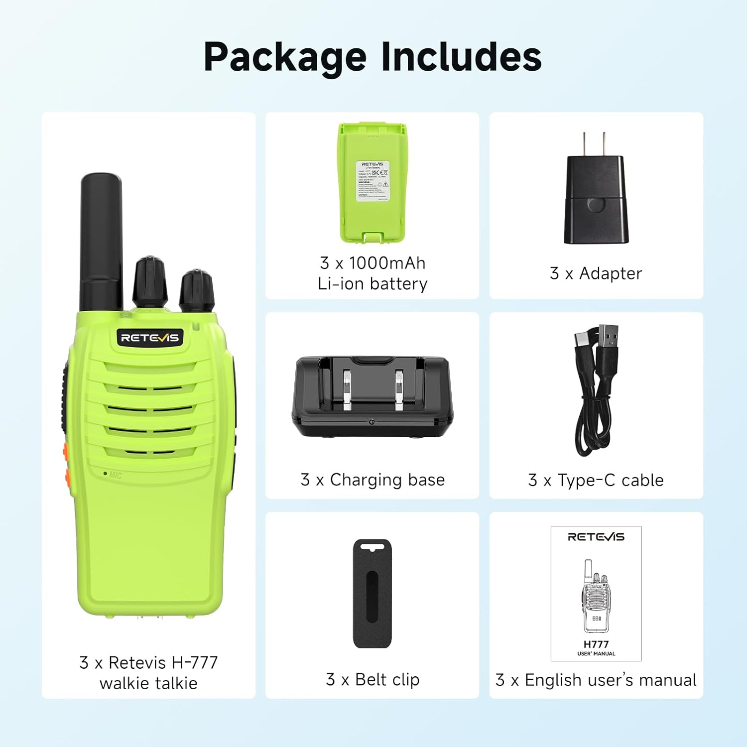 Retevis H-777 Walkie Talkies for Adults, 2 Way Radios Rechargeable Walkie Talkies Long Range, Portable FRS Two-Way Radios, Emergency Alarm LED Flashlight Type C Charger for Family Outdoor Trip(3 Pack)