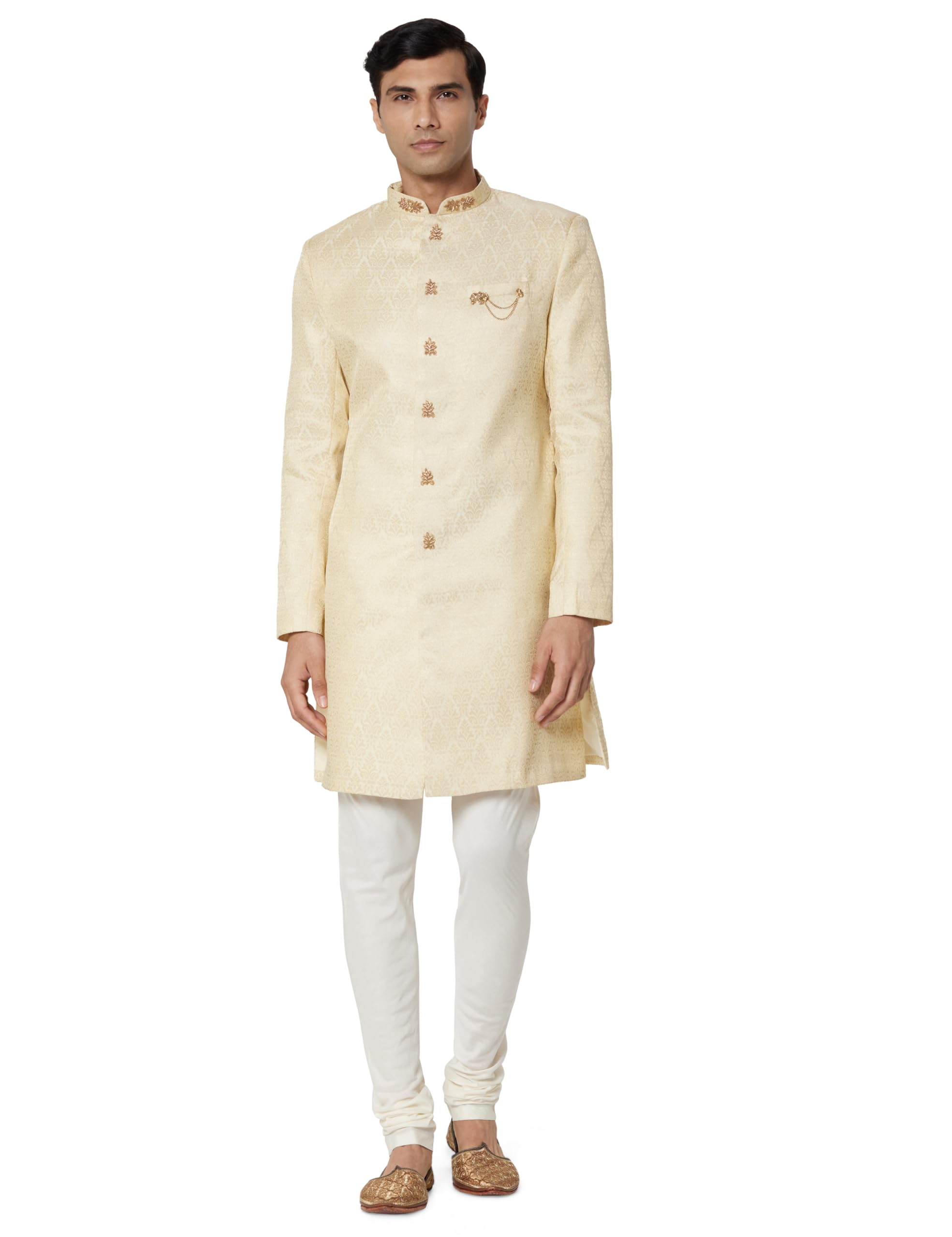 Men Cream Jacquard Indowestern Sherwani Churidar Set with Ethnic Motifs-image-16