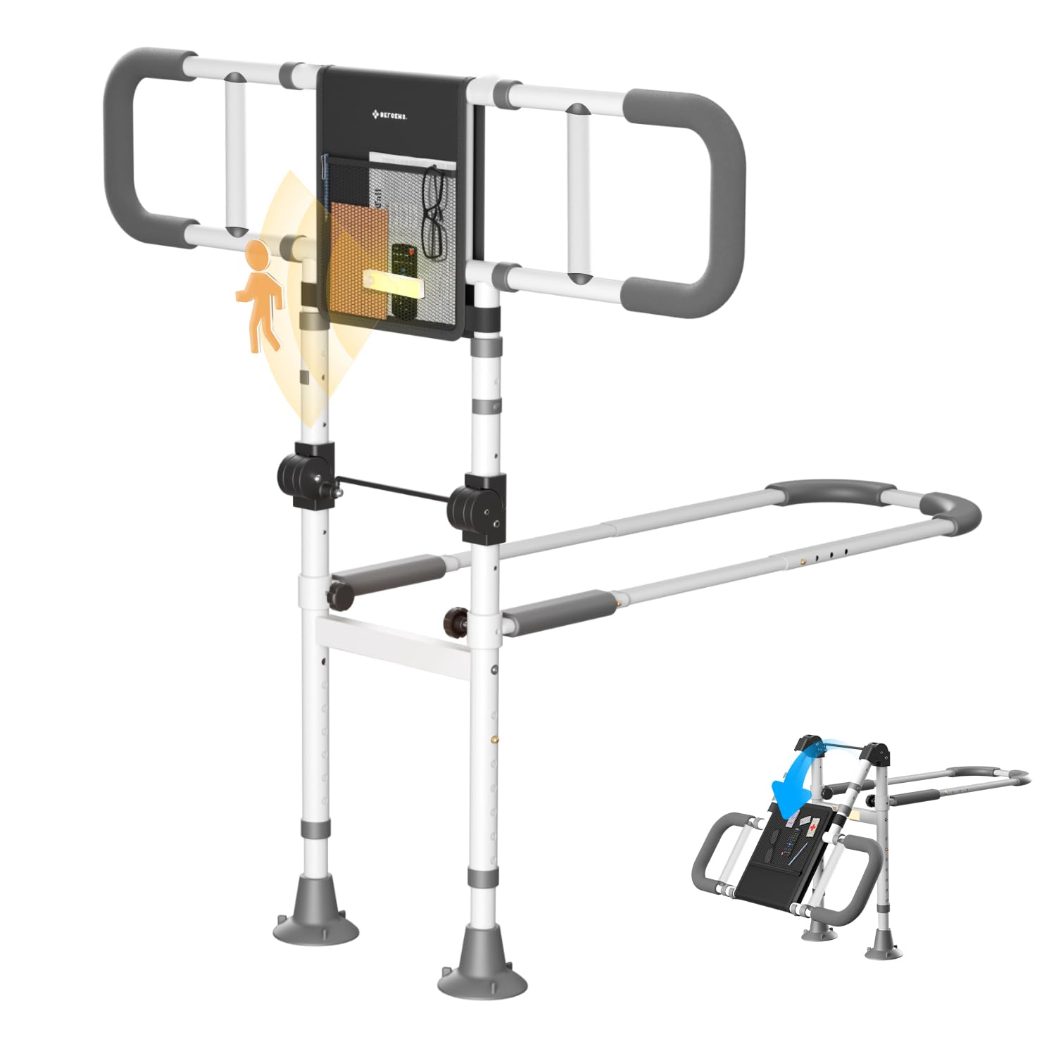 Bed Rails Elderly Adults Safety: Foldable Side Assist Grab Bar Handrails for Seniors with Sensor Light Pouch - Adjustable Bed Cane Fold Down Handle Bedside Railing - Fits Twin Full Queen King Grey