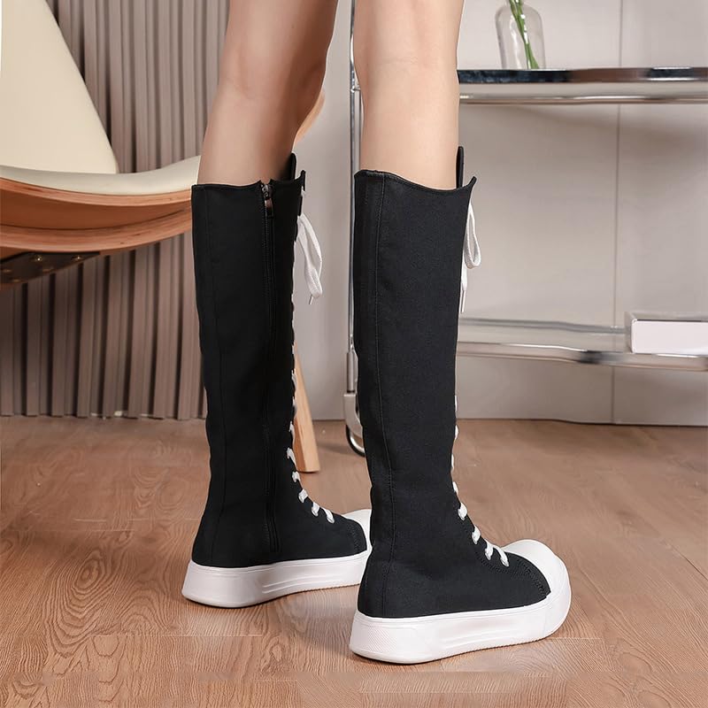 Women's Canvas Boots Knee High Platform Boots Women Lace Up Sneakers Boots Side Zip Canvas Shoes Dance Boots