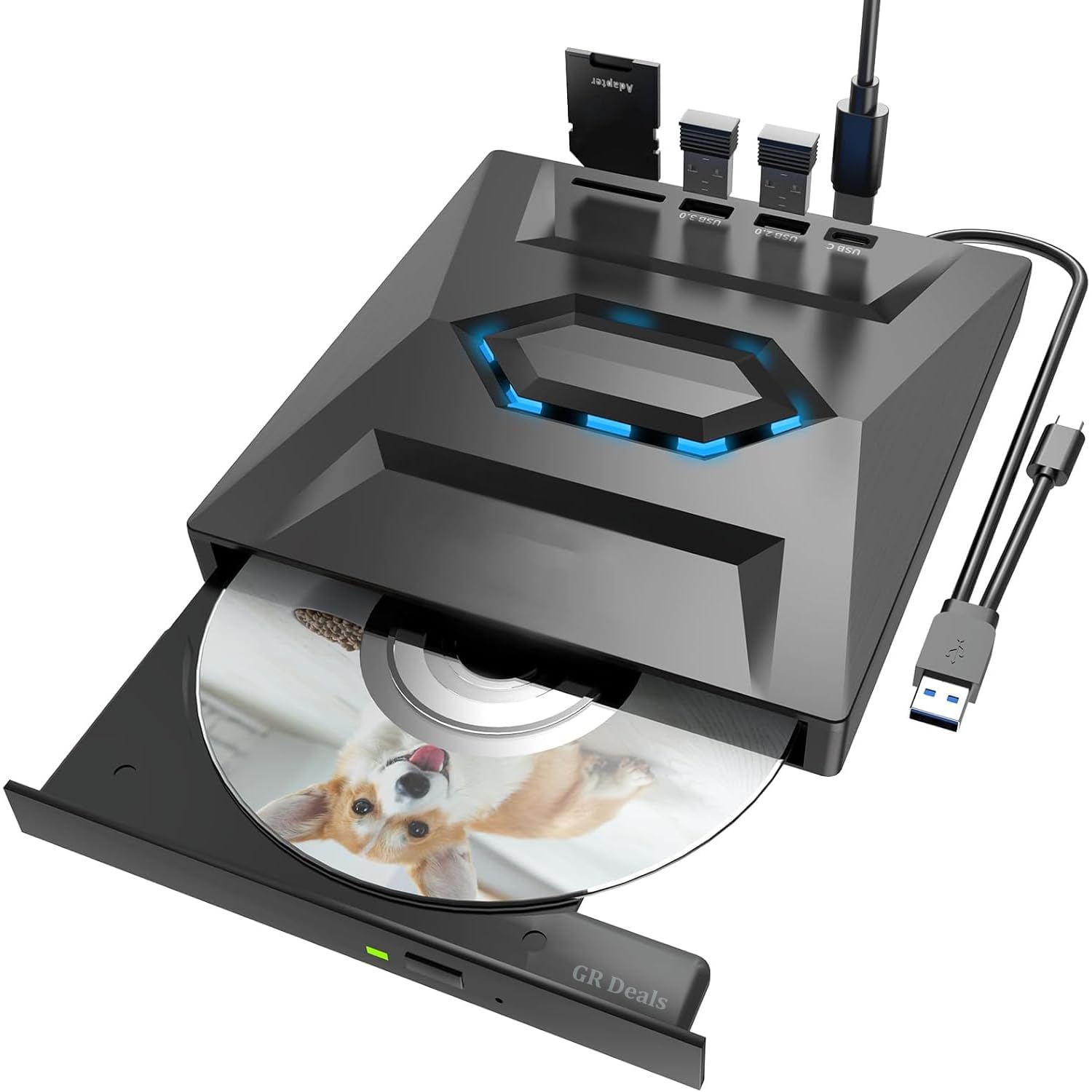 GR Deals USB 3.0 & Type C External CD DVD Writer RW Optical Drive CD/DVD ROM +/-RW CD Burner Drive with SD/TF Card Reader Ports, USB 3.0 to C Hub for Laptop, PC, MakBook. (Black).-image-5