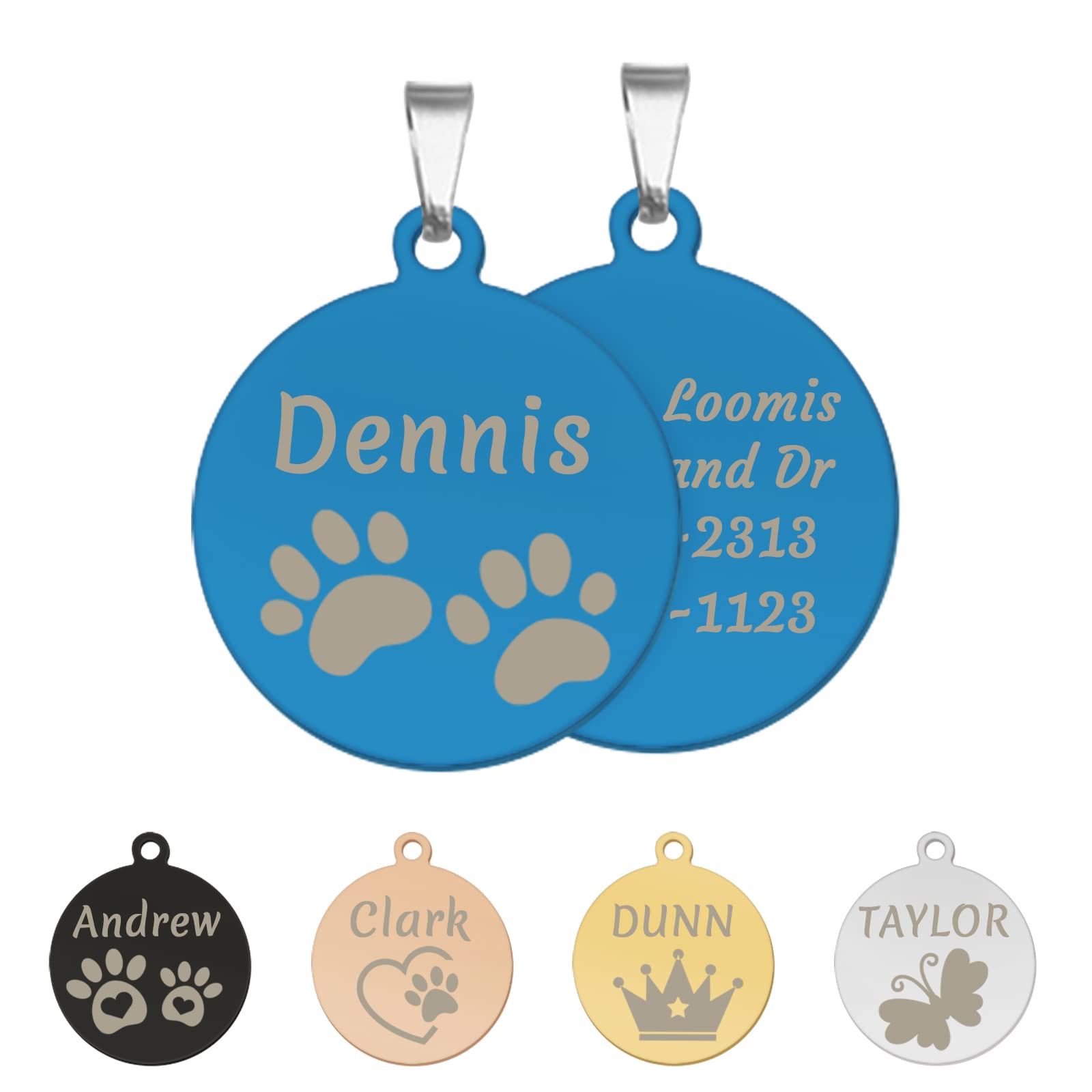 CAMAL Chapa Perro Grabada, Placa Perro Grabada Acero Inoxidable, Redondo Chapas Personalizadas para Collar Perro Gato Mascota con Pequeños Iconos, Disponible en 2 Tamaños y 5 Colores (25mm, Azul)
