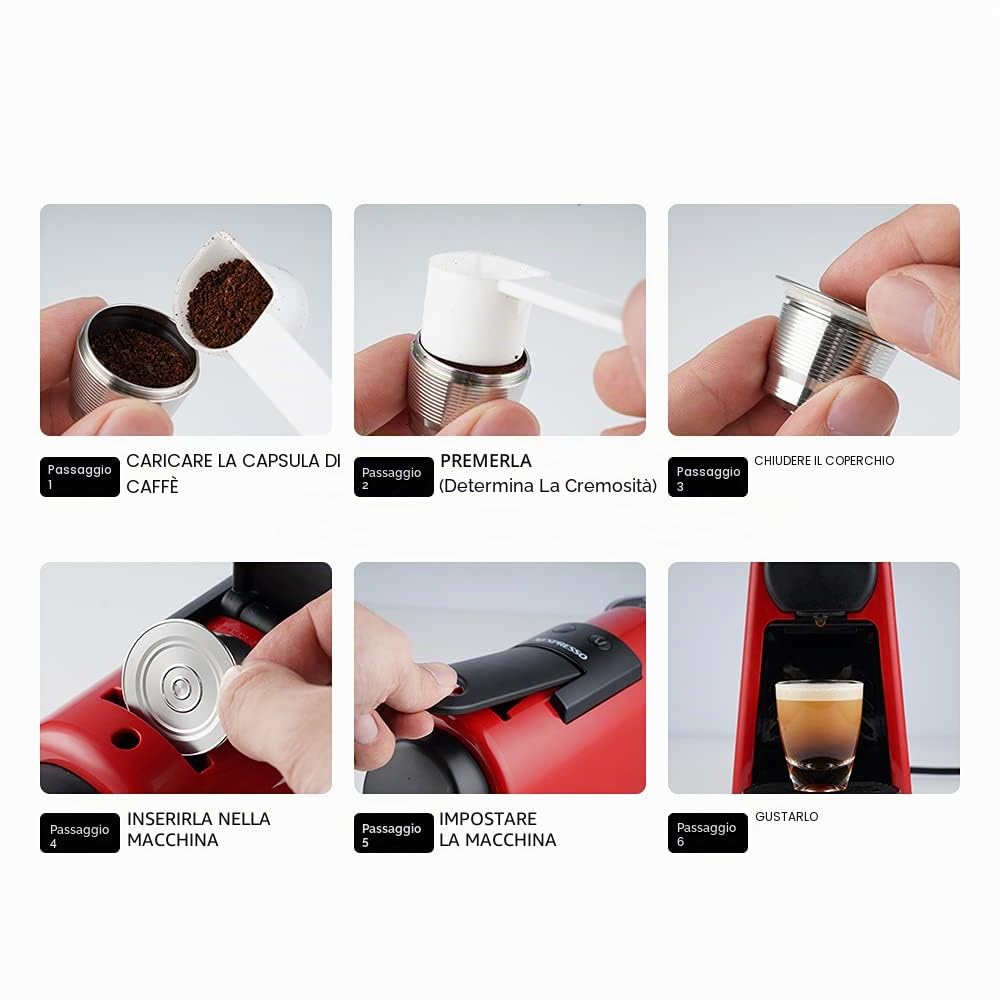 RECAFIMIL Capsule di caffè riutilizzabili in acciaio inox, filtro ricaricabile per macchine da caffè Nespresso (2 capsule + 1 pressino)
