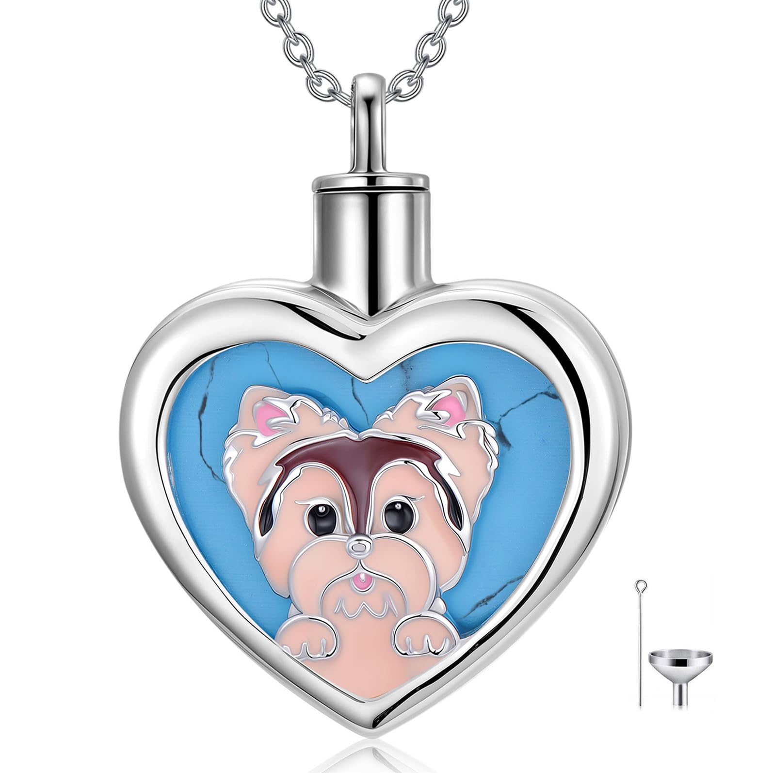 Personalisierte Urnenkette für Hunde aus 925er Sterlingsilber mit echtem Türkis, individuell graviert, Herz-Schmuck, Gedenkschmuck mit Trichterfüllung für Damen