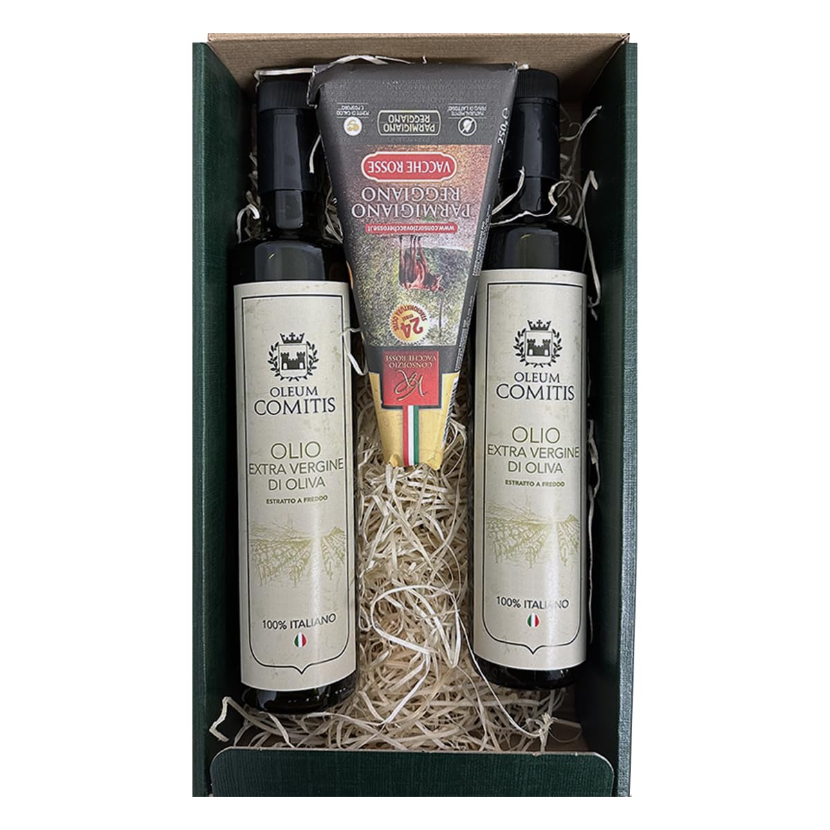 Oleum Comitis - Extra Virgin oliwkowy - 100% włoski ekstrakt na zimno - opakowanie na prezent z 2 butelki po 500 ml i parmezanem Reggiano ChNP, czerwone krowy, sezonowane 24 miesiące
