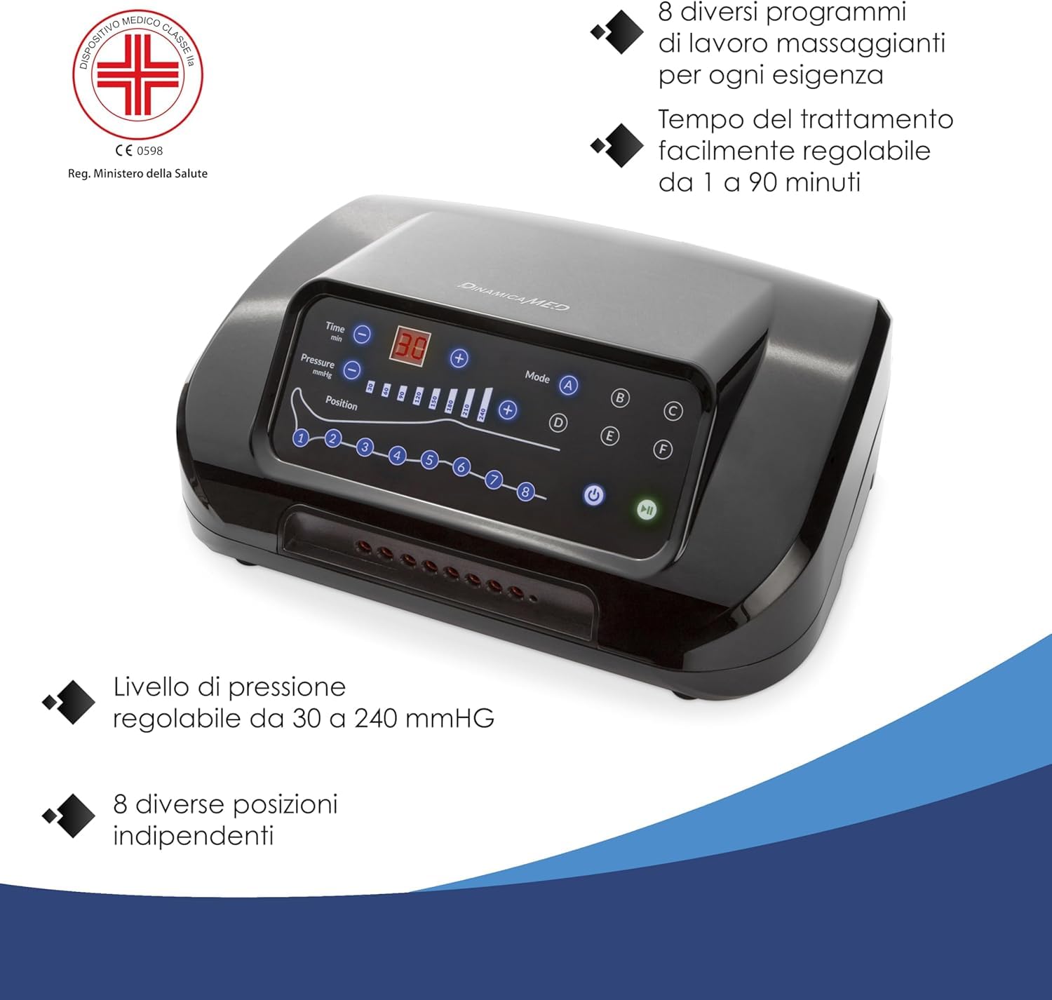 Dinamicamed ® PRO 8.0 Pressoterapia Linfodrenaggio Professionale Digitale Classic, Pressoterapia per Casa con 6 Programmi di Lavoro, Massaggio Linfodrenante a 8 Camere con Pantalone lungo e Bracciale
