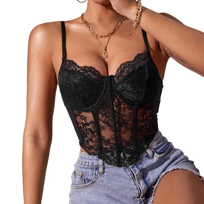 Haibang Debardeur Femme Eté en Dentelle Sexy Col en V Haut Court Chic Bretelles Spaghetti Crop Top Coupe Ajustée Corset Dentel Cami Tank Tops Chemisier Mode Streewear Clubwear
