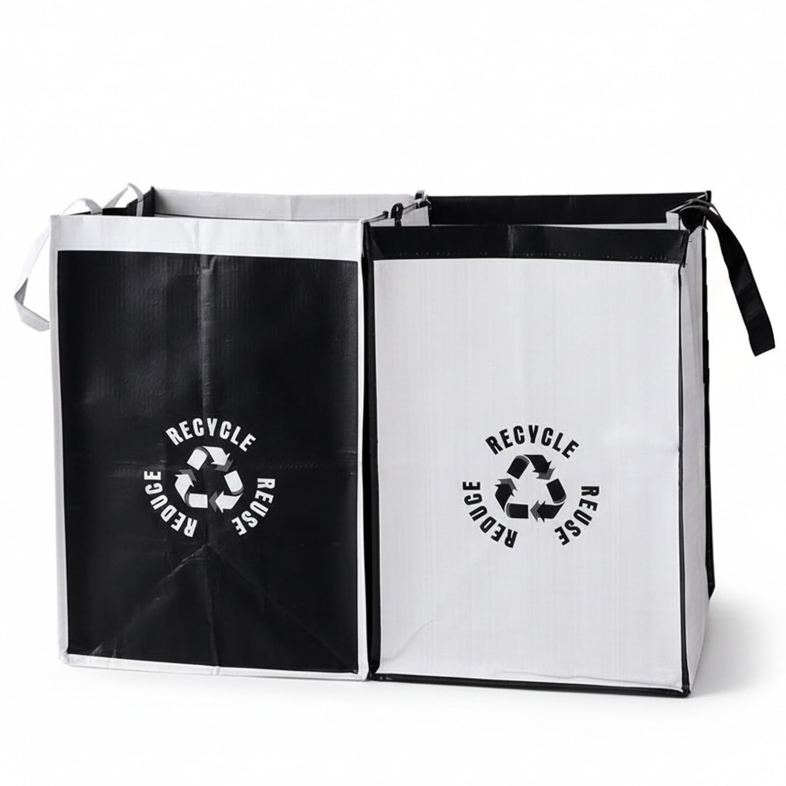 2 Pack Recycling Bags - Black & White Detachable Recycle Bin Storage Bags with Handles, Waterproof Foldable Reusable Recycling Box for Kitchen, Home Waste Sorting & Laundry Storage