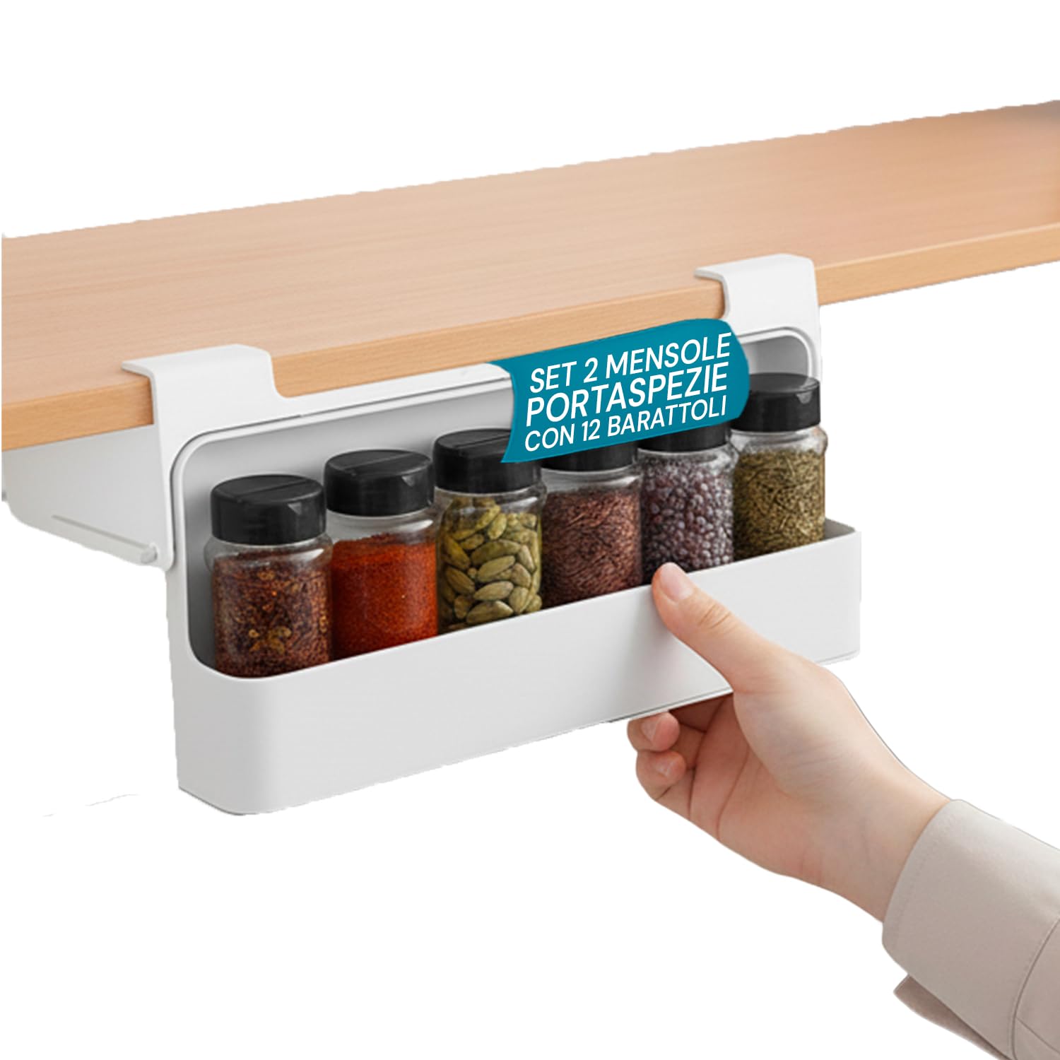 Avilia – Set 2 Porta Spezie per Cucina Estensibili con 6 Barattoli Vetro con Coperchio Ermetico, Organizer Salvaspazio Regolabile per Pensili e Piani, Facile da Montare e Pulire