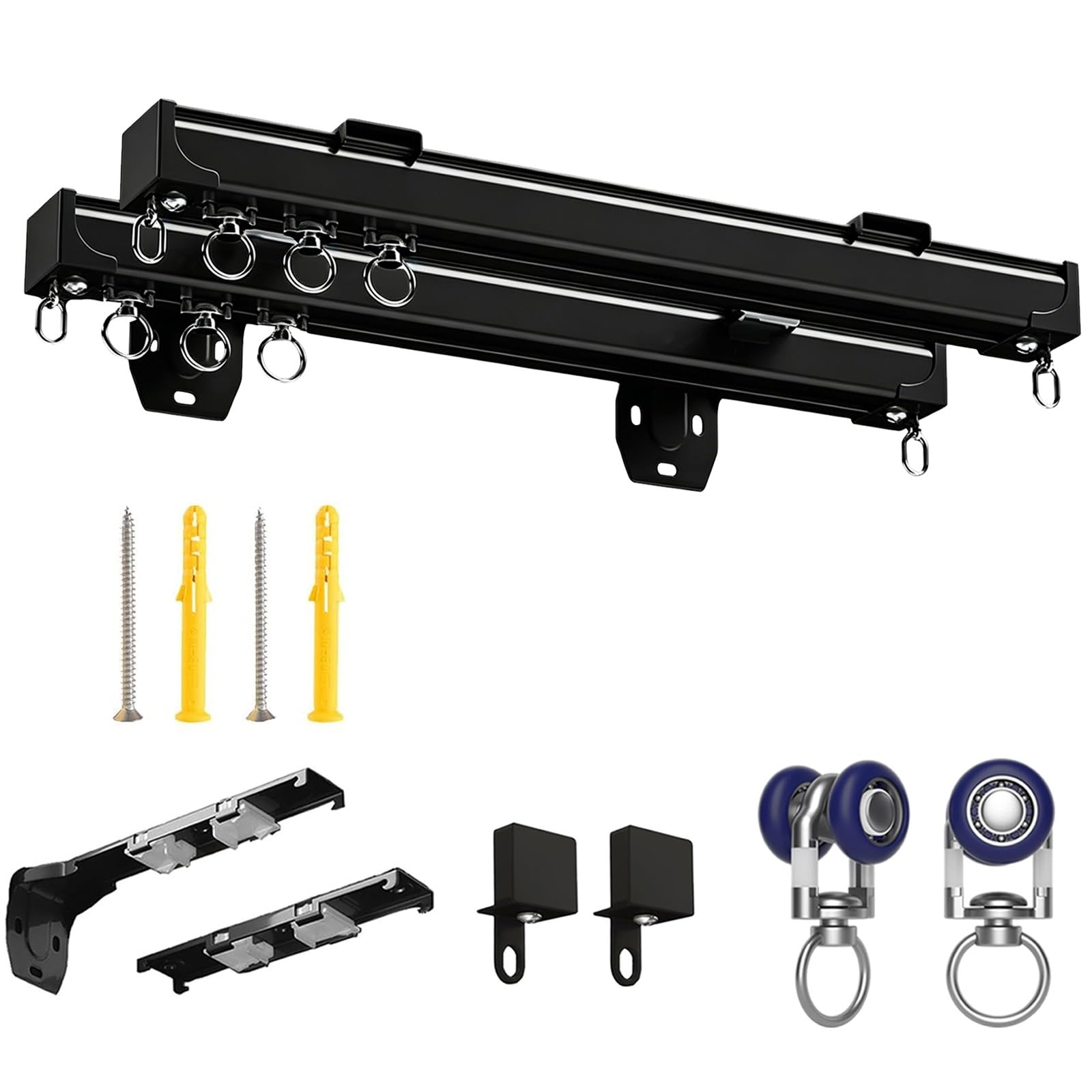 Silent Double Row Ceiling Curtain Track Ceiling/wall Mounted, Heavy Duty Curtain Rail System for Curtains, Drapes, and Room Dividers Aluminum Curtains Rod with rollers(Black,420cm(13.8ft))