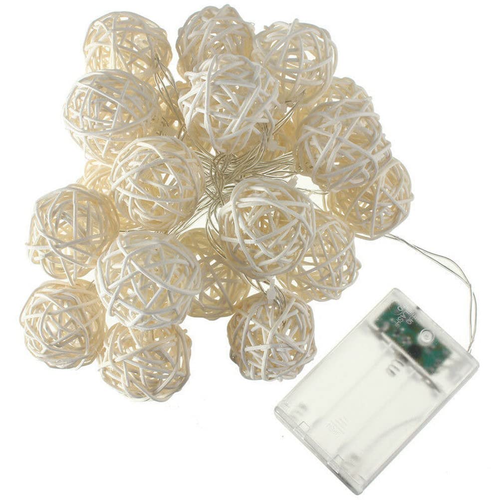 Ansu White 20 Leds Rattan Ball String Lights Home Garden Fairy Lamp Wedding Party Xmas Decor (White)