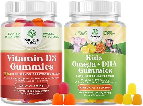 Paquete de gomitas de apoyo inmunológico de vitamina D3 y gomitas Omega 3 a base de plantas para niños, para fortalecer los huesos, salud cardíaca y