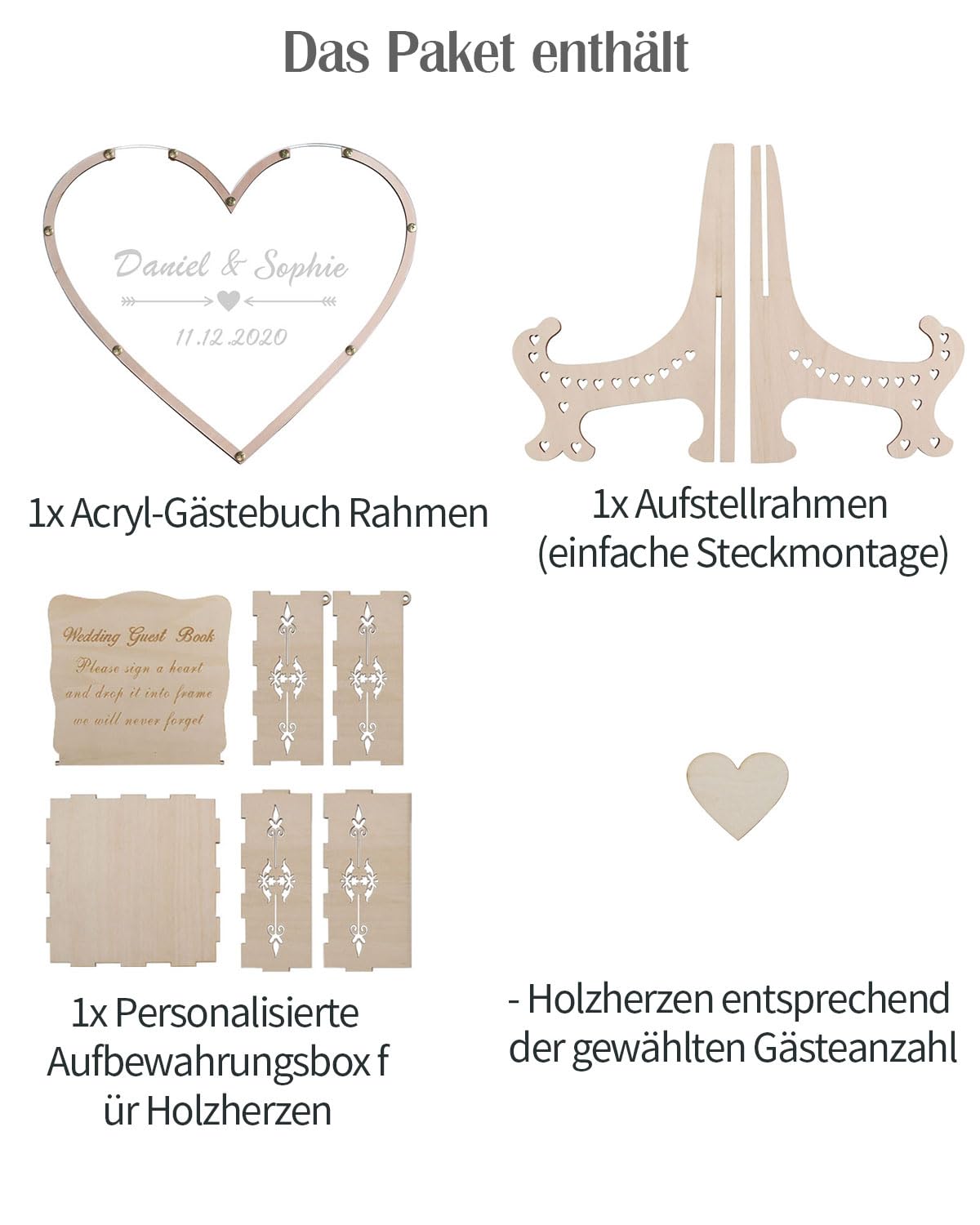 Herz Hochzeit Gästebuch Alternative aus Acryl & Holz - Personalisiert mit Gravur für 30-200 Gäste (13 Designs & 10 Schriftarten wählbar) (Stil 2, Herz)