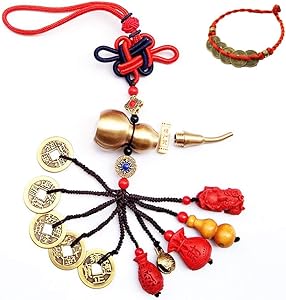 KXT Feng Shui Coins with Brass Calabash for Wealth and Safe, Pendant Coins for Success, Ward Off Evil, Protect Peace - Also Can Used As Wind Chimes, Car Interiors,Bag Ornaments