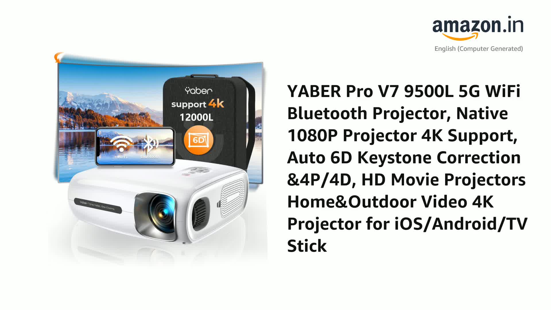 YABER Pro V7 9500L 5G WiFi Bluetooth Projector, Native 1080P