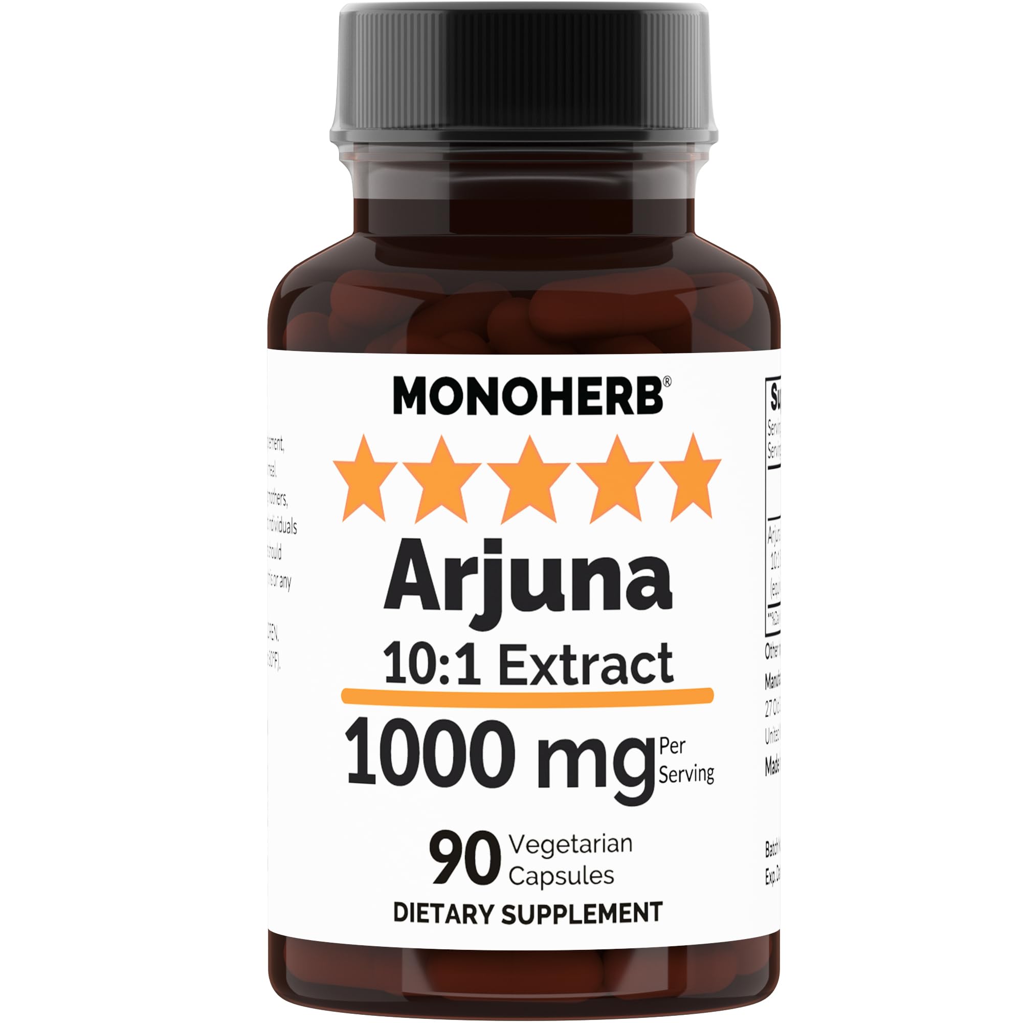 MONOHERB Arjuna 10:1 Extract - 1000 mg per Serving. Serving Size: 2 Capsules. 45 Servings per Bottle.